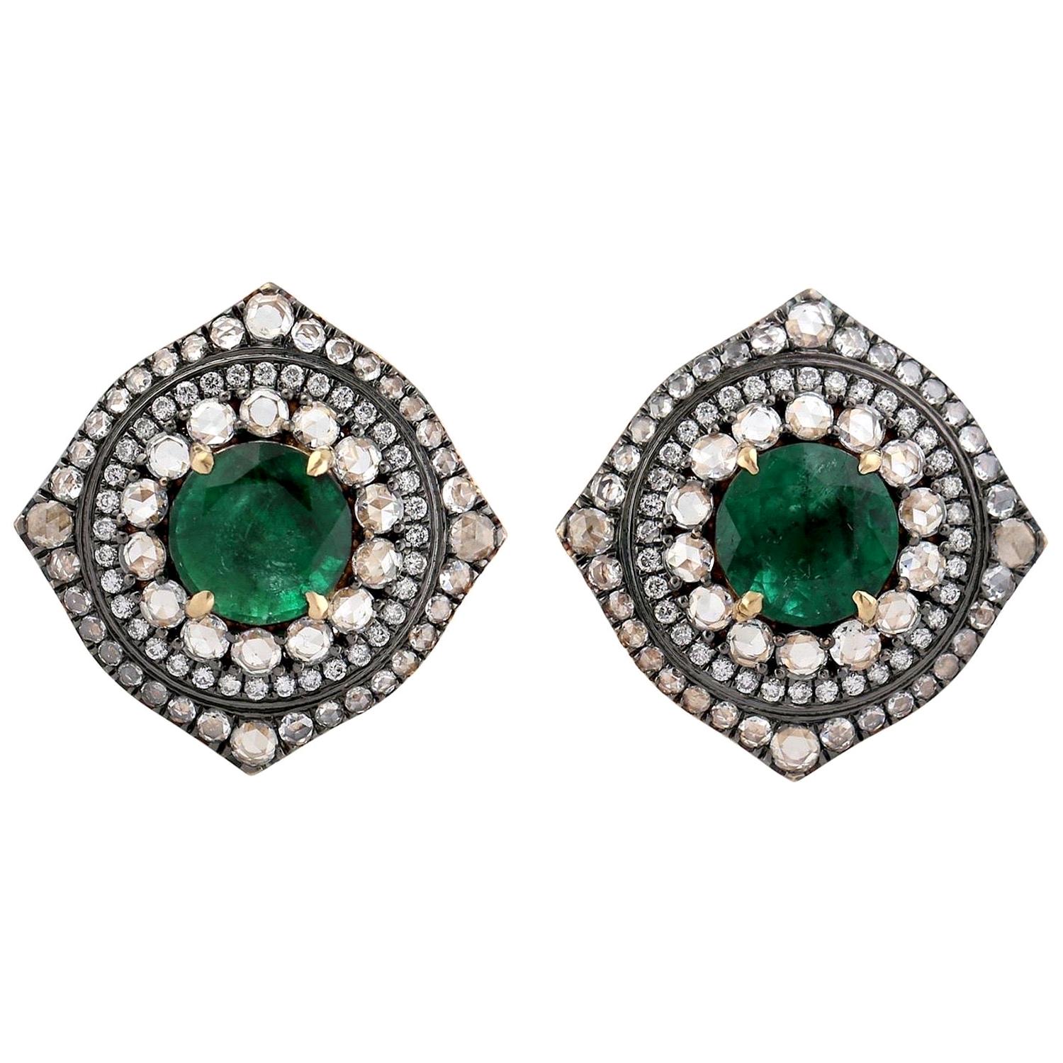 Emerald Diamond 18 Karat Gold Vintage Style Stud Earrings