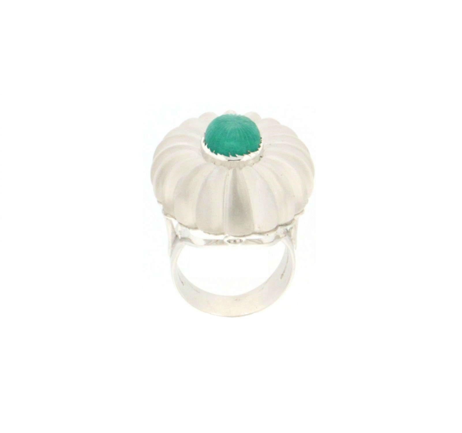 Women's or Men's Emerald 18 Karat White Gold Rock Crystal Cocktail Ring
