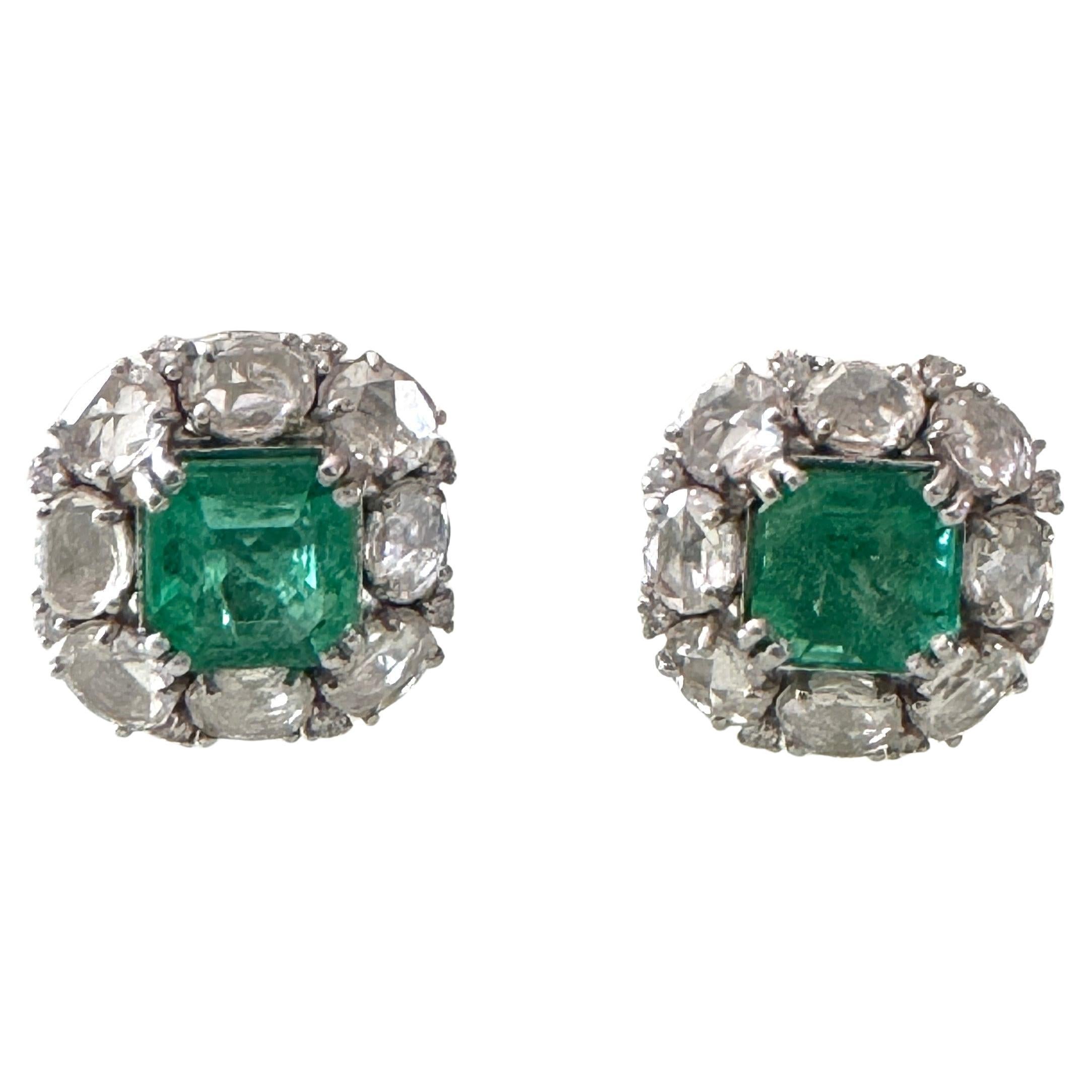 Emerald Cut Emerald 18K White Gold Dimond Stud Earrings For Sale