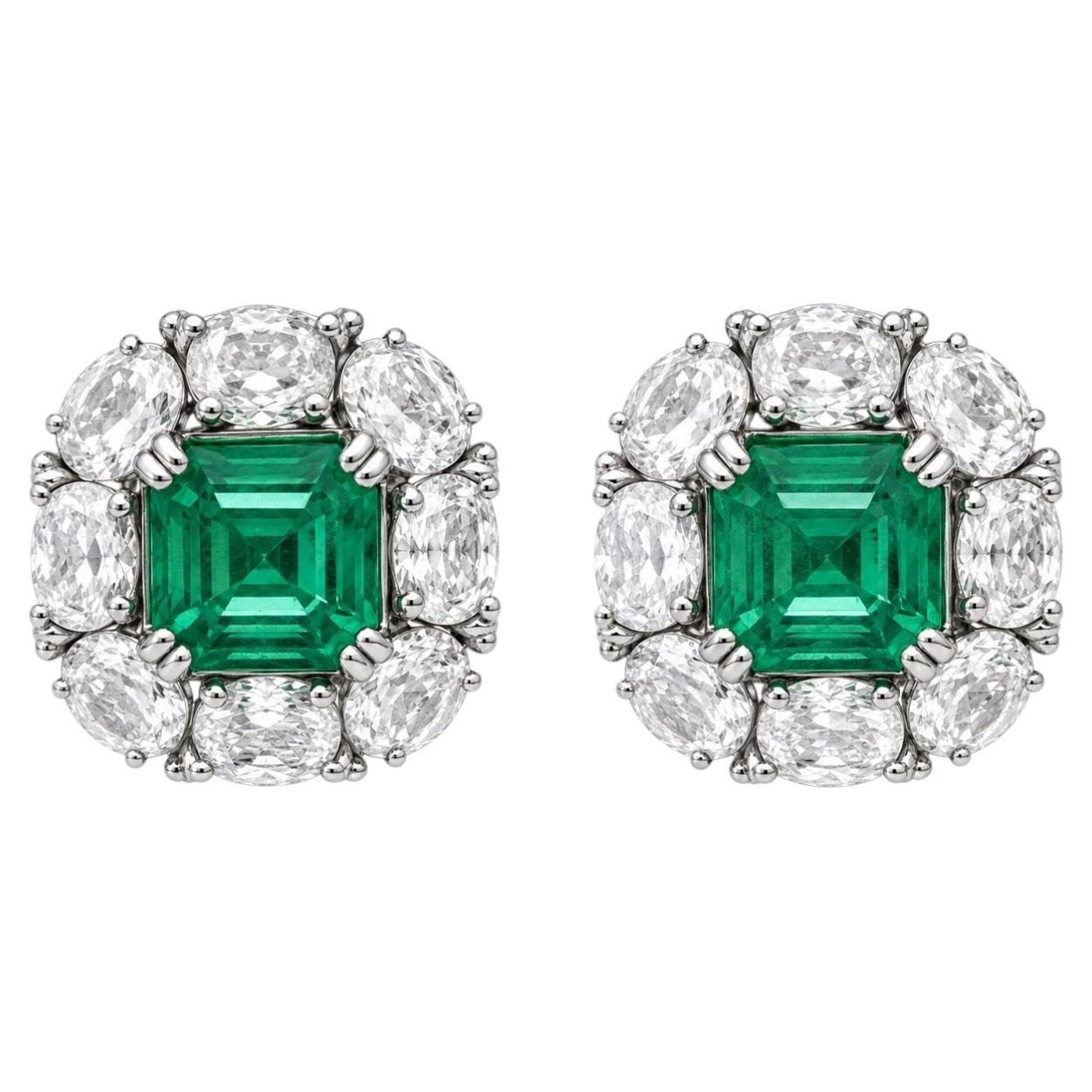 Emerald 2.17ct & Diamond 1.39ct Stud Earrings in 18K White Gold, India