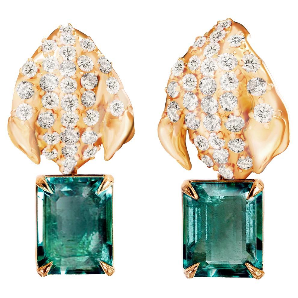 Emerald Yellow Gold Contemporary Floral Clip-on Earrings with Sixty Two Diamonds For Sale