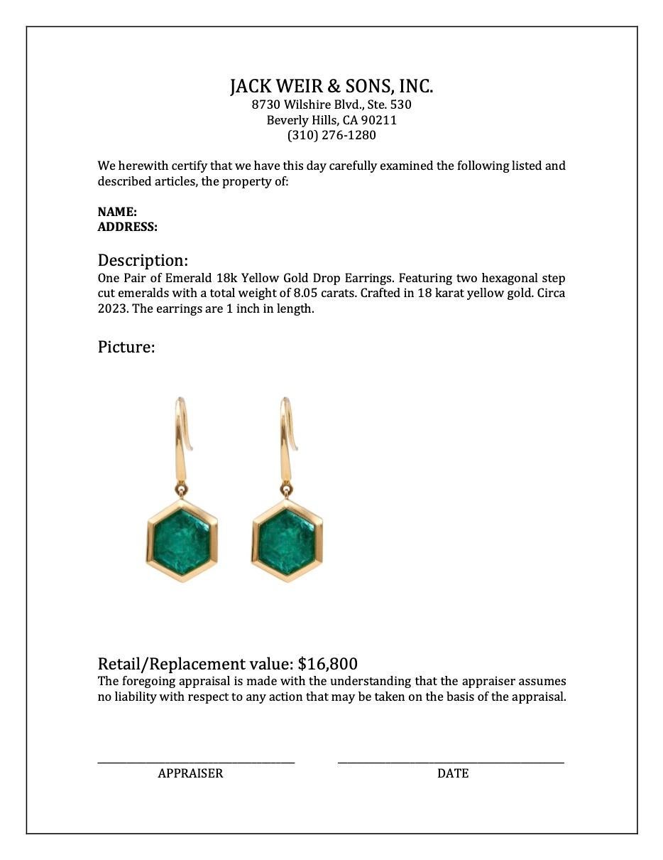 Emerald 18k Yellow Gold Drop Earrings For Sale 2