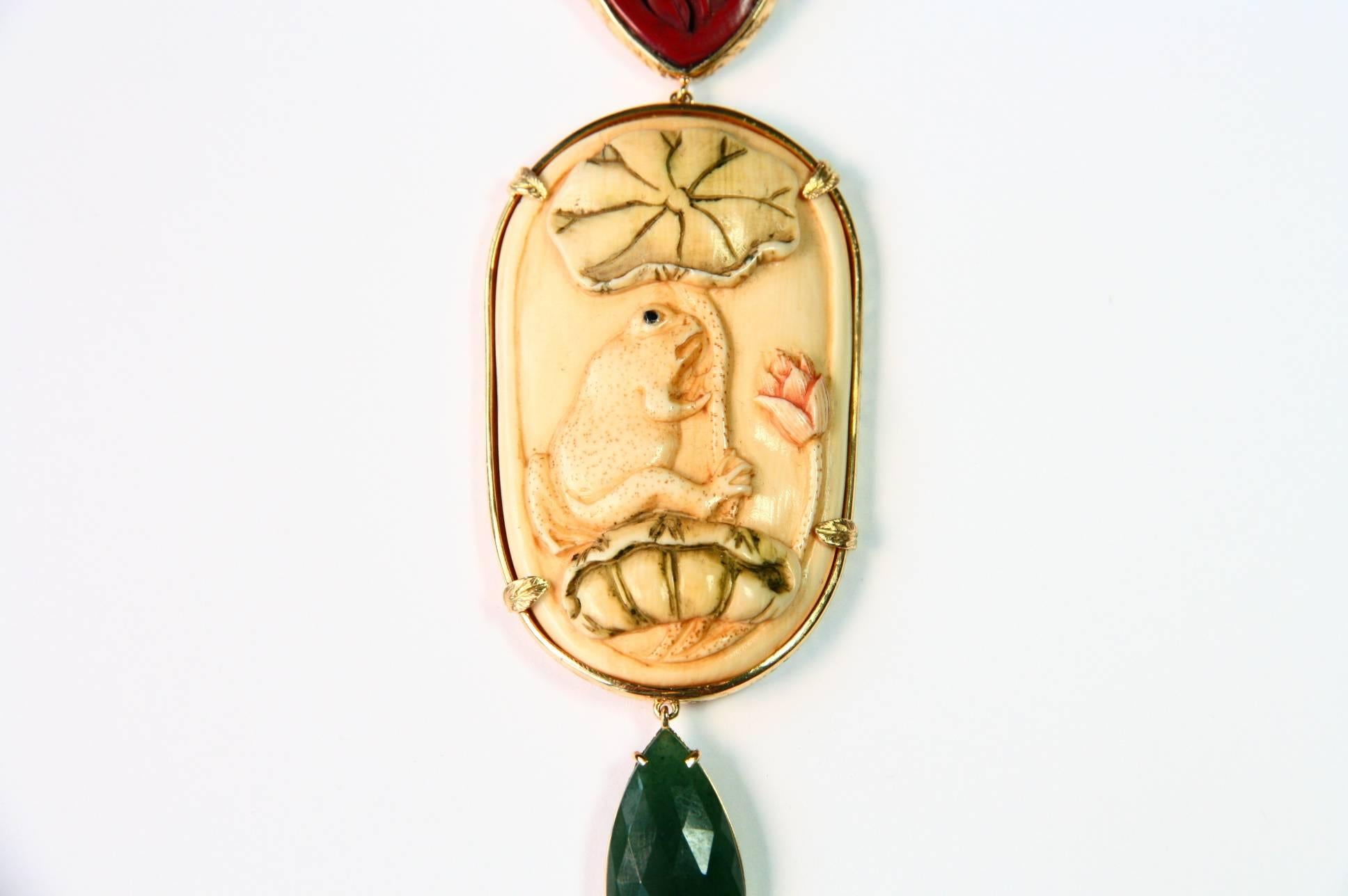 Emerald 18k Yellow Gold Fine Carved Antique Japanies Netsuke Pendant Lacquer 1