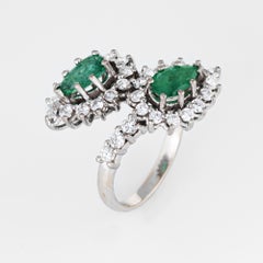 Emerald 1 Carat Diamond Bypass Ring 18 Karat White Gold Estate Fine Cocktail