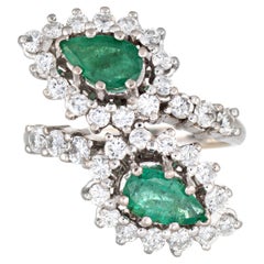 Emerald 1ct Diamond Bypass Ring Vintage 18k White Gold Estate Fine Cocktail