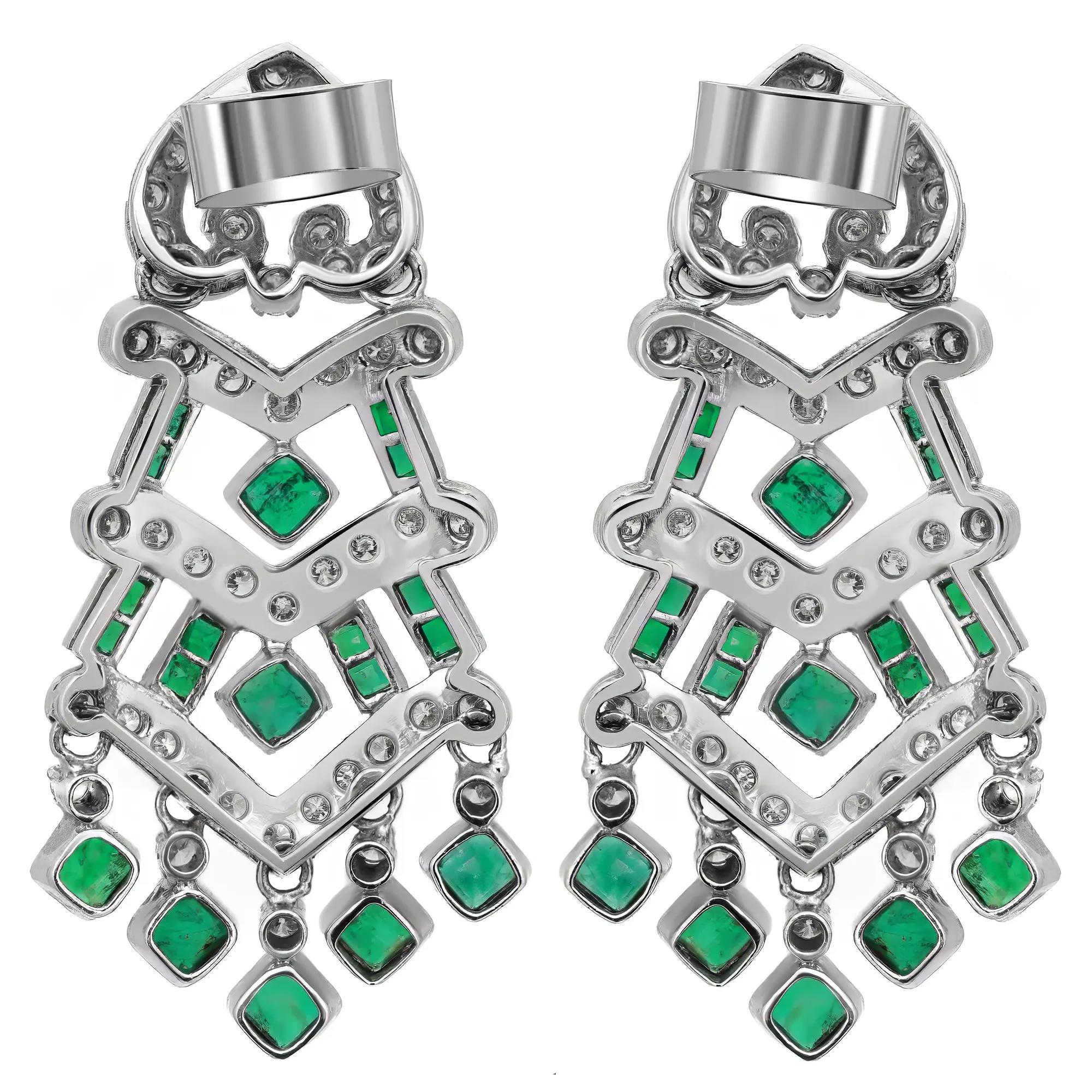 Modern Emerald 2.25Cttw and Diamond 1.35Cttw Chandelier Drop Earrings 14K White Gold For Sale