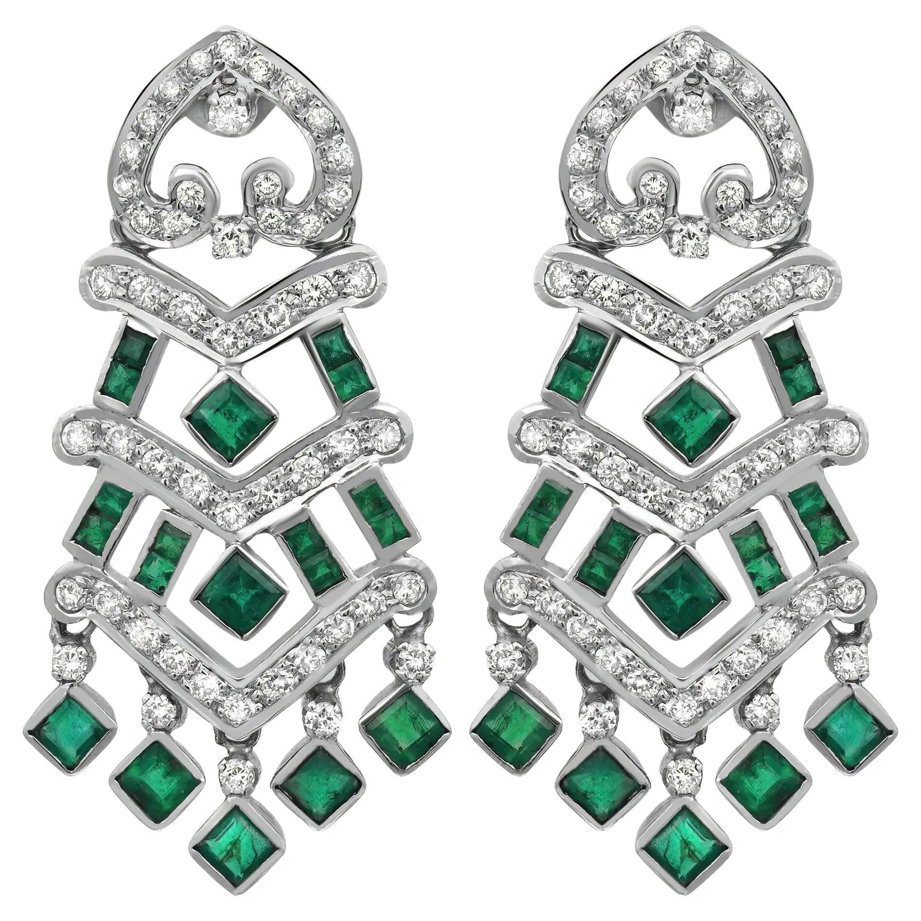 Emerald 2.25Cttw and Diamond 1.35Cttw Chandelier Drop Earrings 14K White Gold For Sale