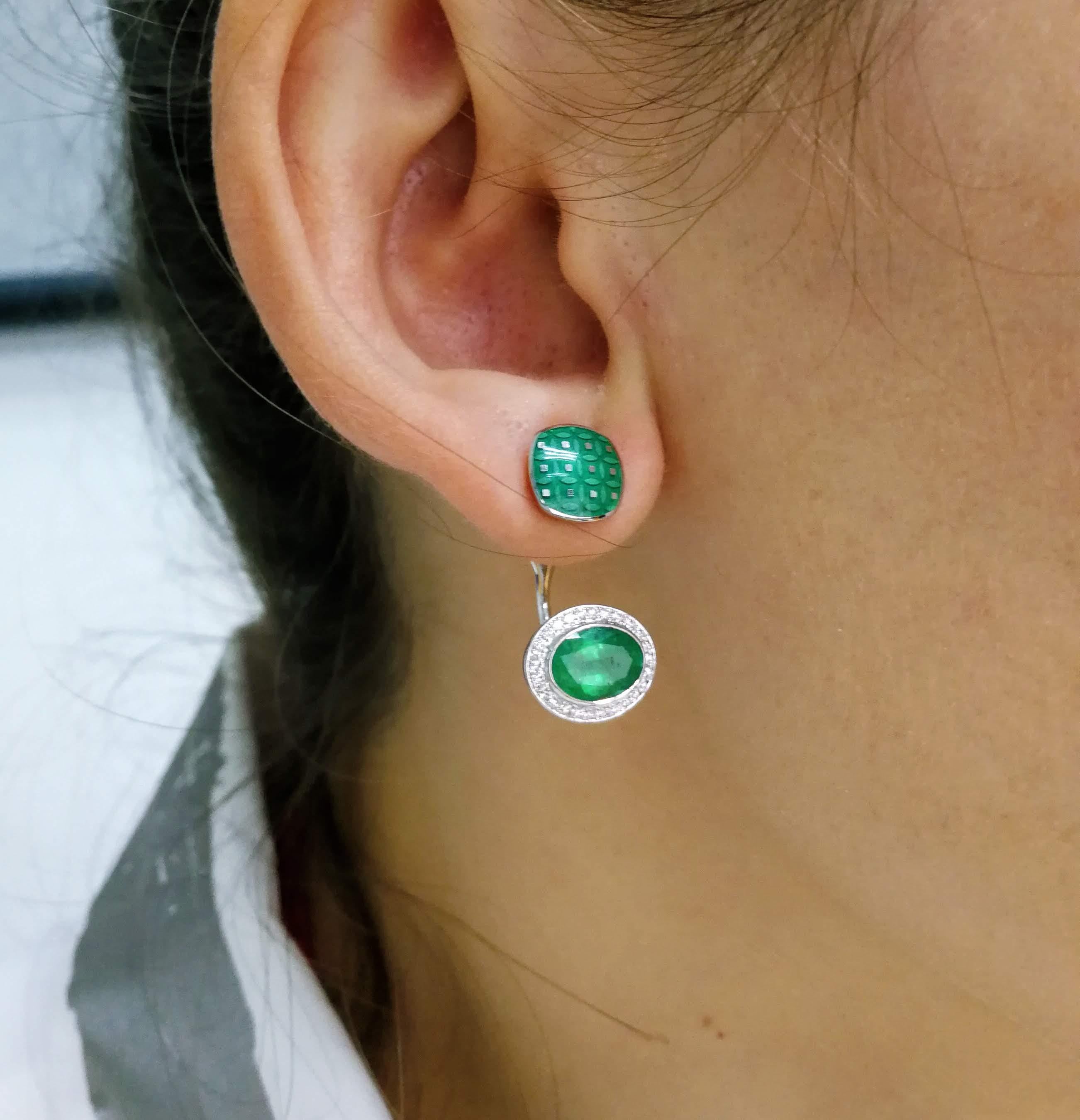 Emerald 2.34 Carat Diamond Enamel 18 Karat White Gold Earrings For Sale 3