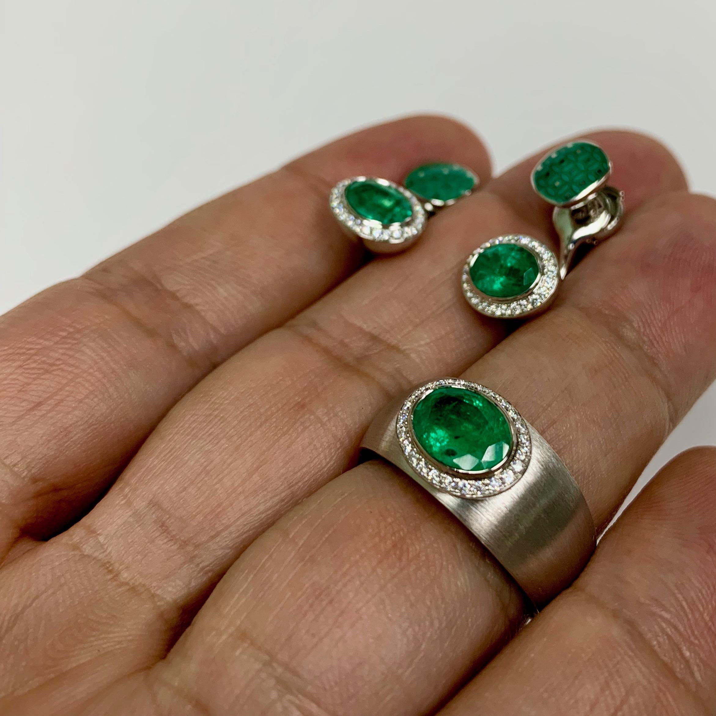 Emerald 2.34 Carat Diamond Enamel 18 Karat White Gold Earrings For Sale 4