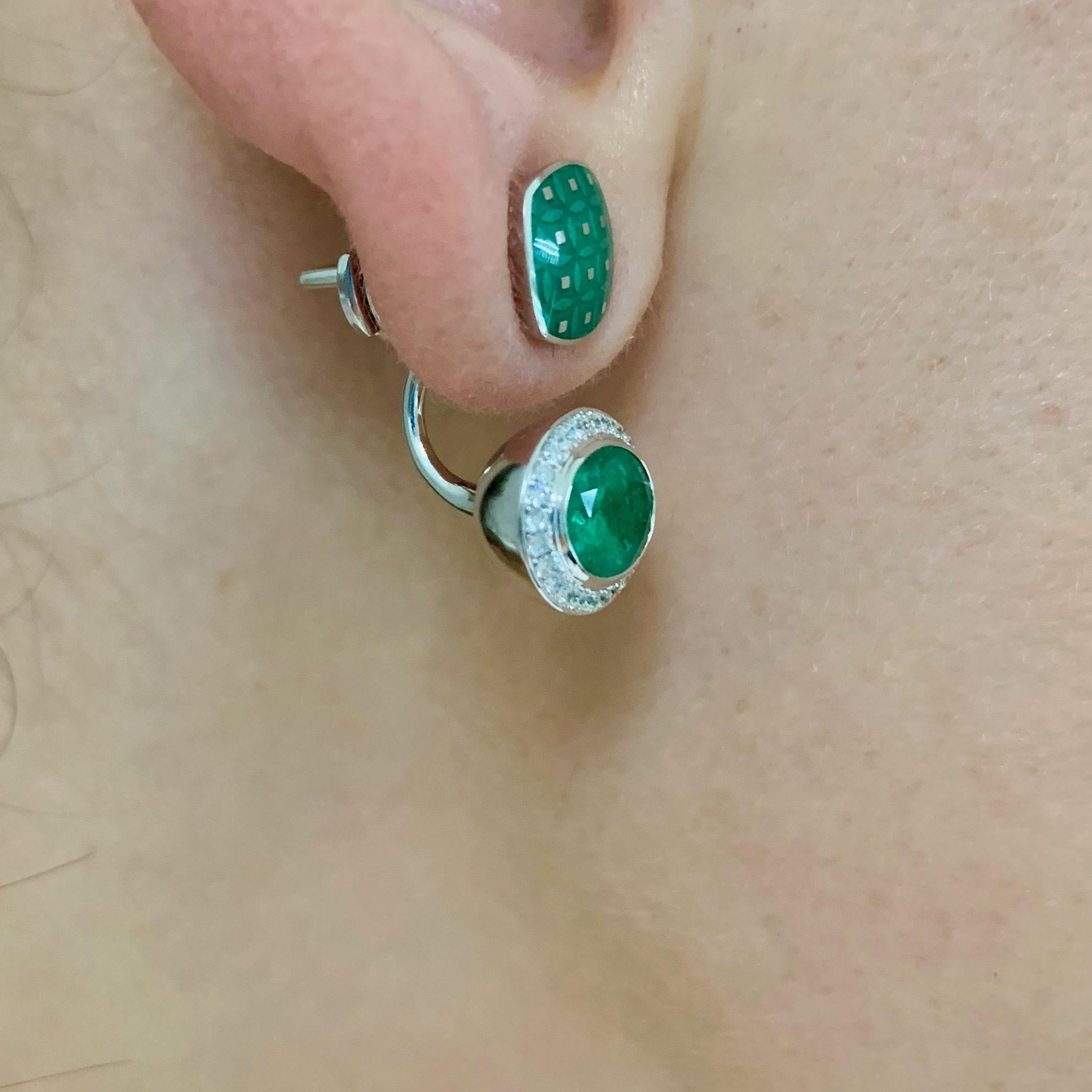 Emerald 2.34 Carat Diamond Enamel 18 Karat White Gold Earrings For Sale 5