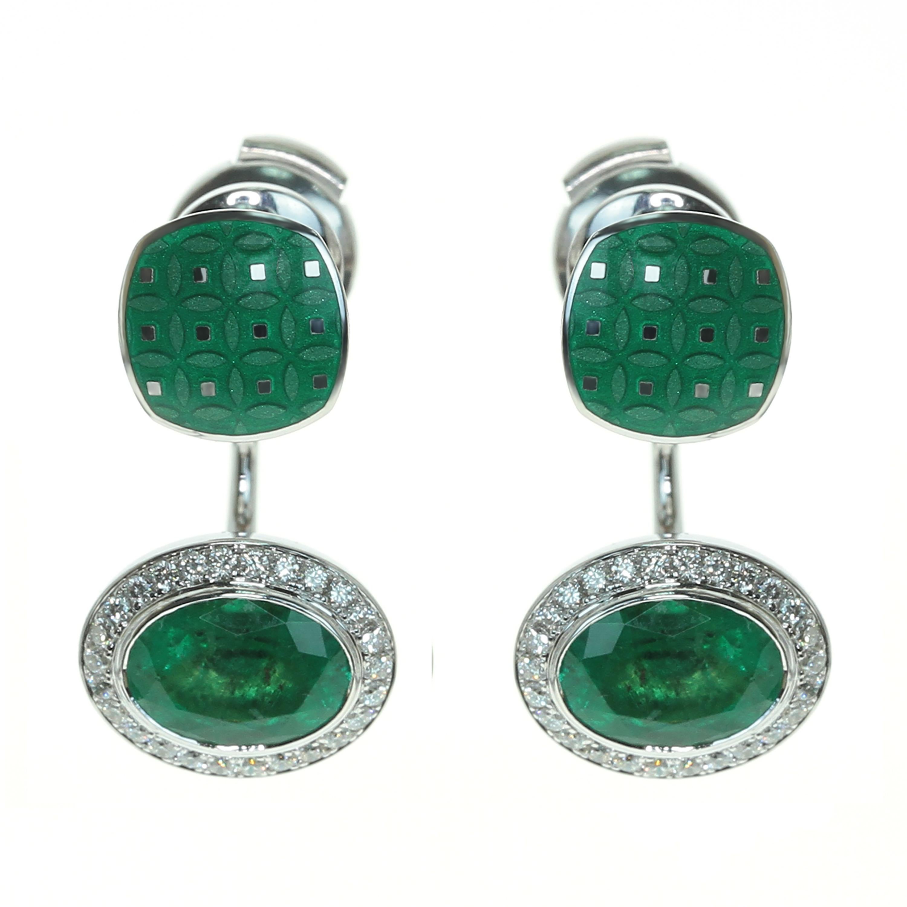 Emerald 2.34 Carat Diamond Enamel 18 Karat White Gold Earrings
Please take a look at one of our trade mark texture in Kaleidoscope Collection - 