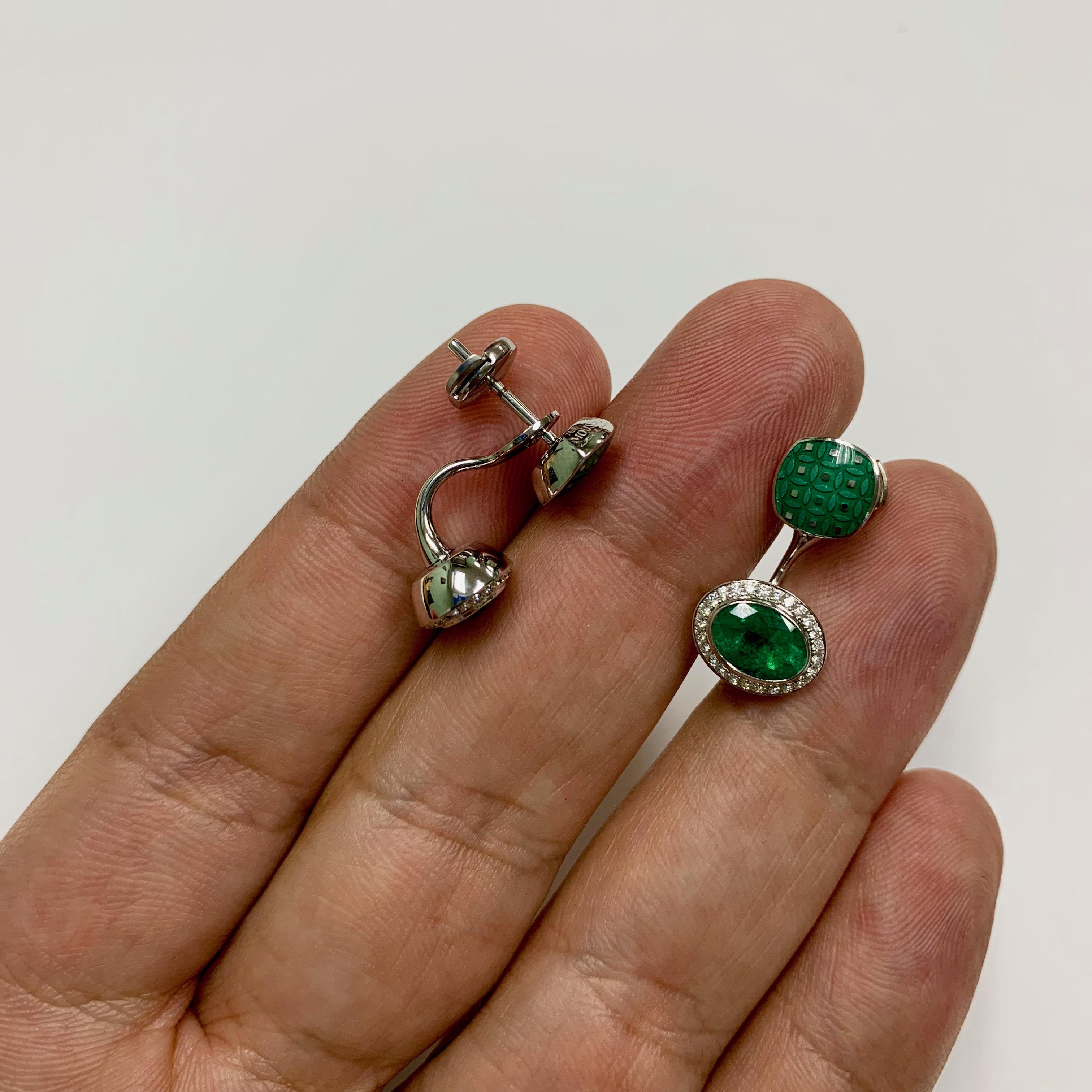 Oval Cut Emerald 2.34 Carat Diamond Enamel 18 Karat White Gold Earrings For Sale