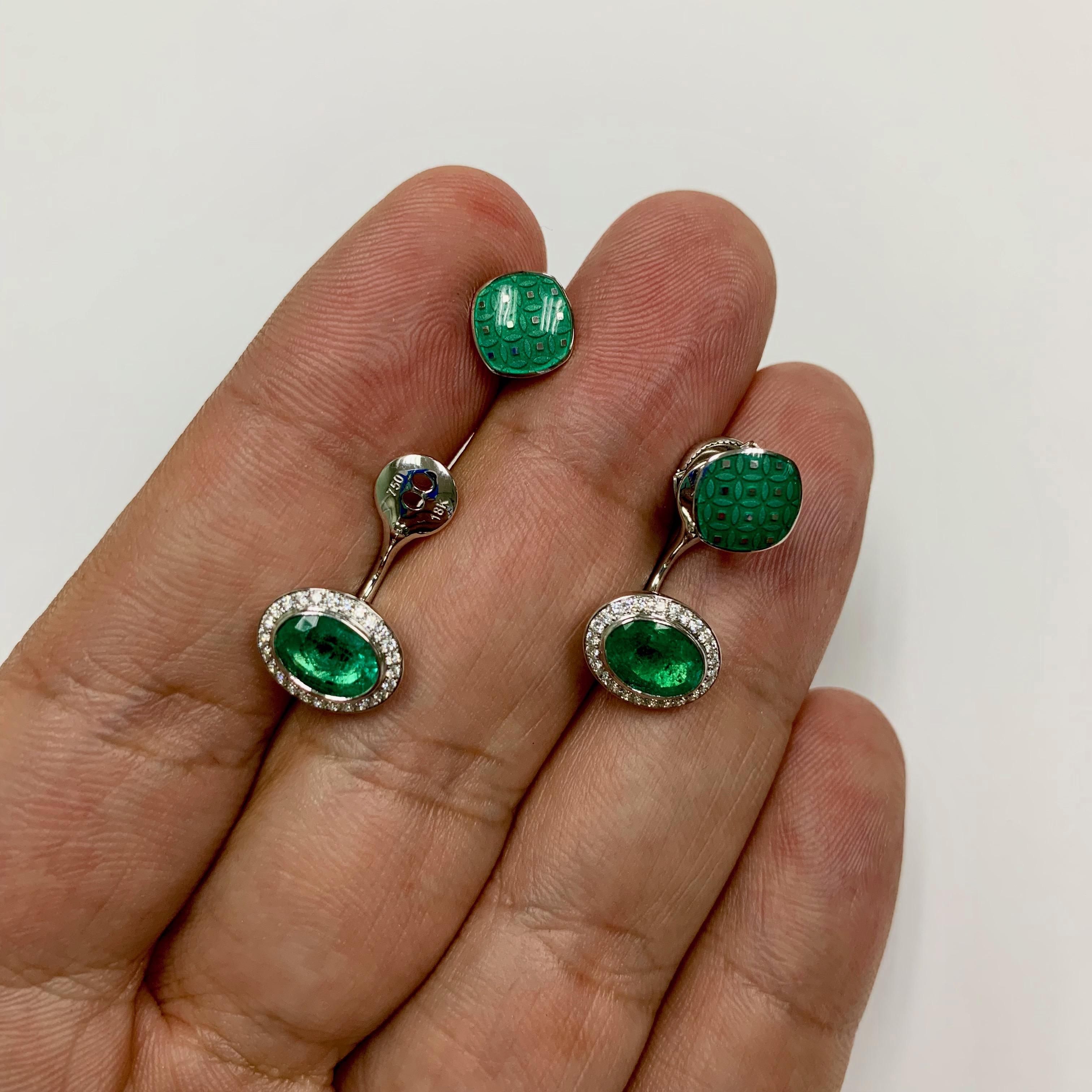 Smaragd 2,74 Karat Diamant-Emaille-Ohrringe aus 18 Karat Weißgold für Damen oder Herren im Angebot