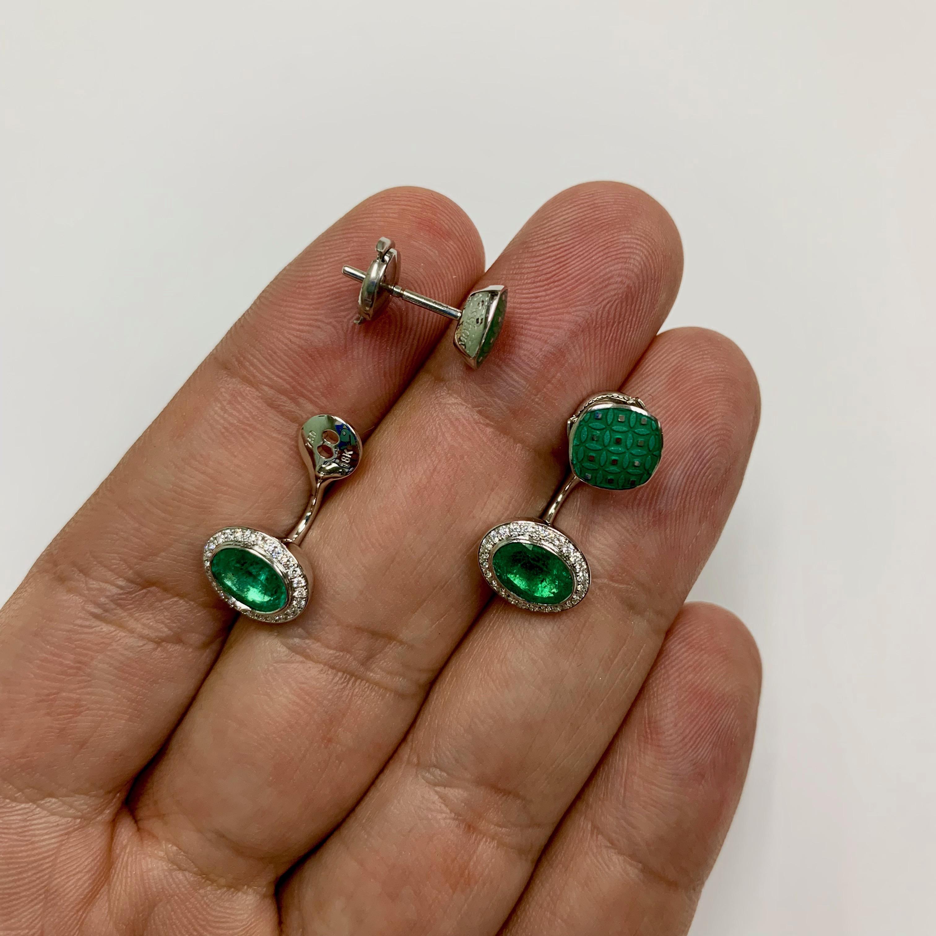 Women's or Men's Emerald 2.34 Carat Diamond Enamel 18 Karat White Gold Earrings For Sale