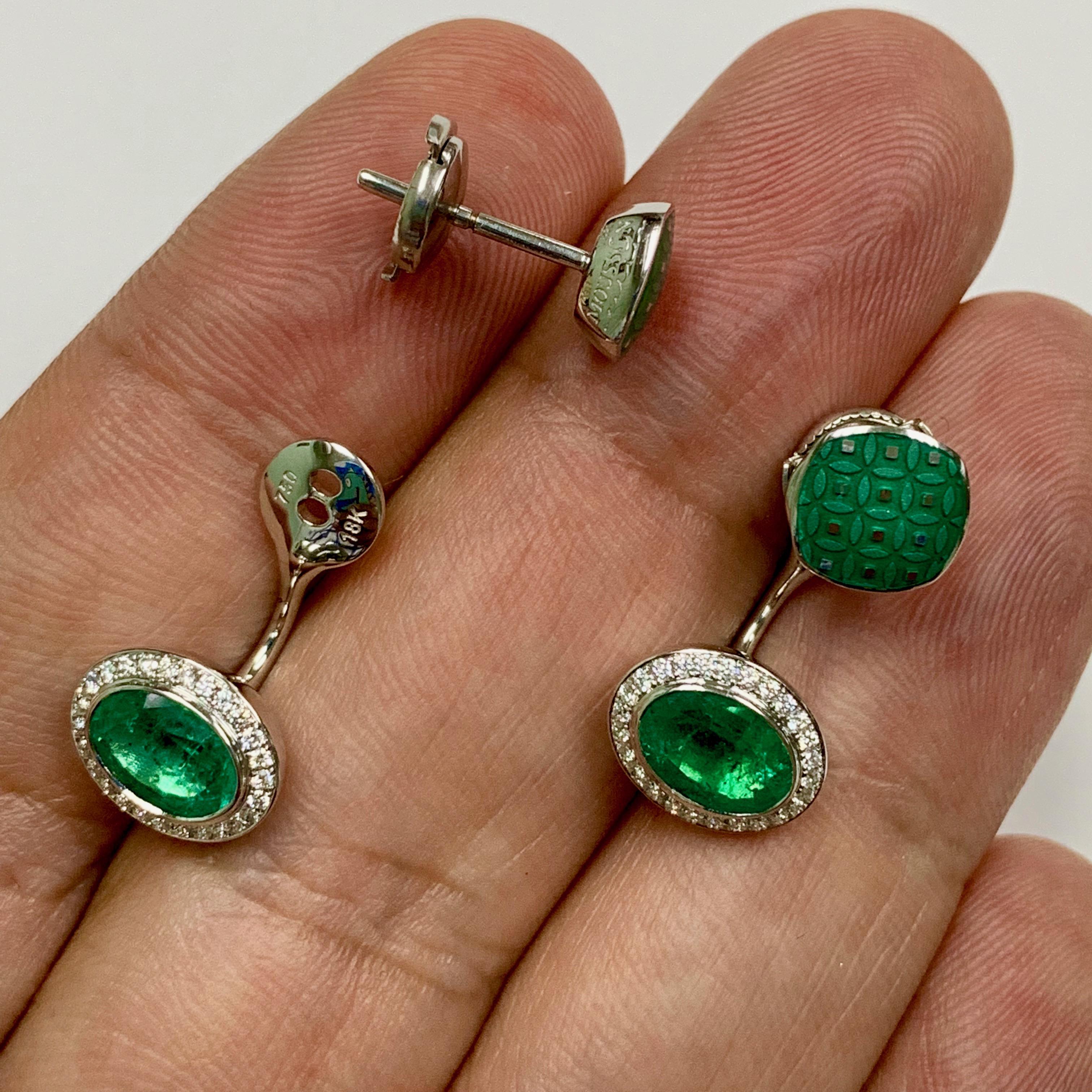 Emerald 2.34 Carat Diamond Enamel 18 Karat White Gold Earrings For Sale 1