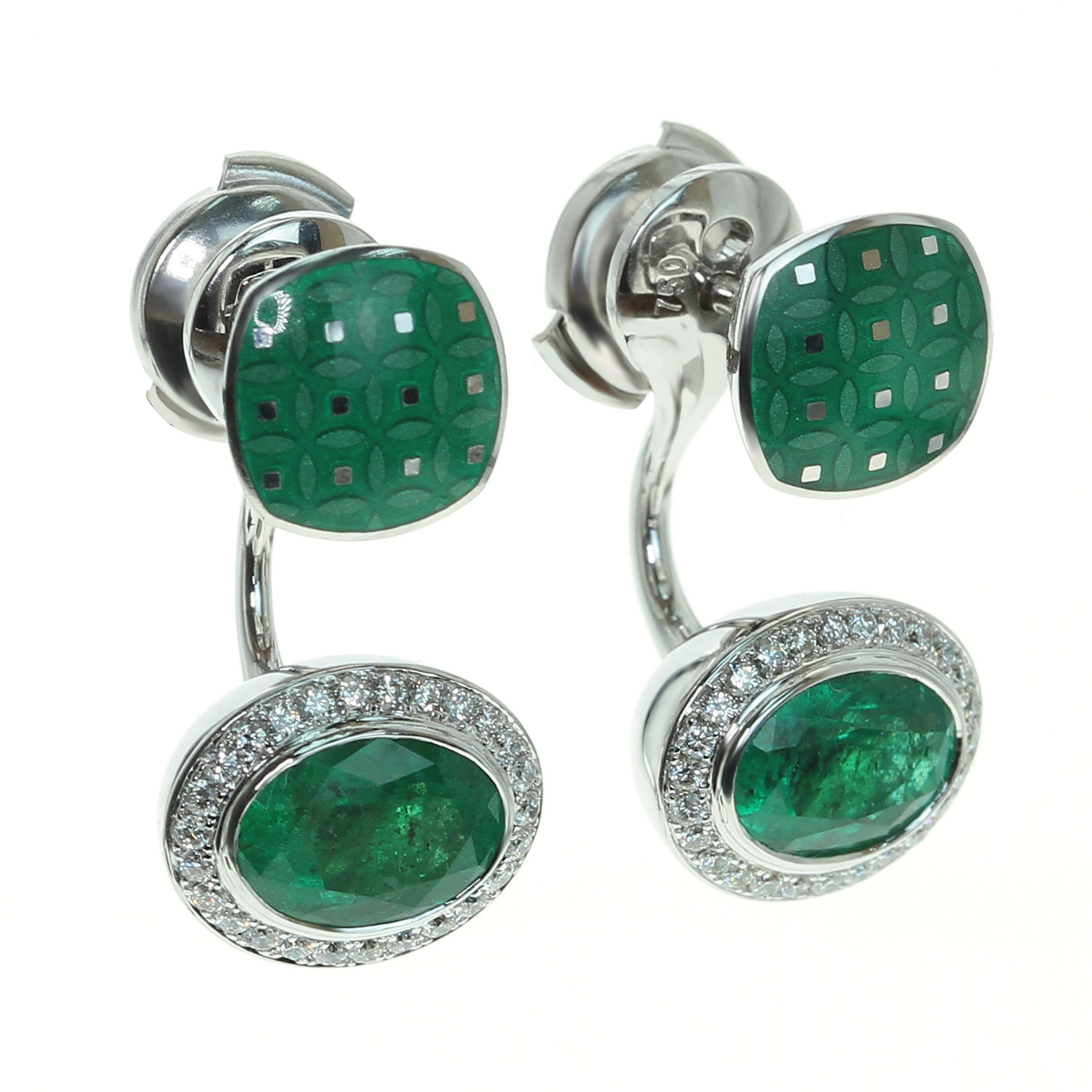 Emerald 2.34 Carat Diamond Enamel 18 Karat White Gold Earrings For Sale