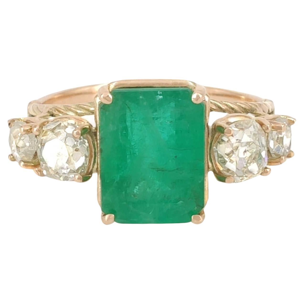 Contemporain Gemstone 14k Gold Ring Genuine Emerald Ring Diamond Coctail Ring Certified 