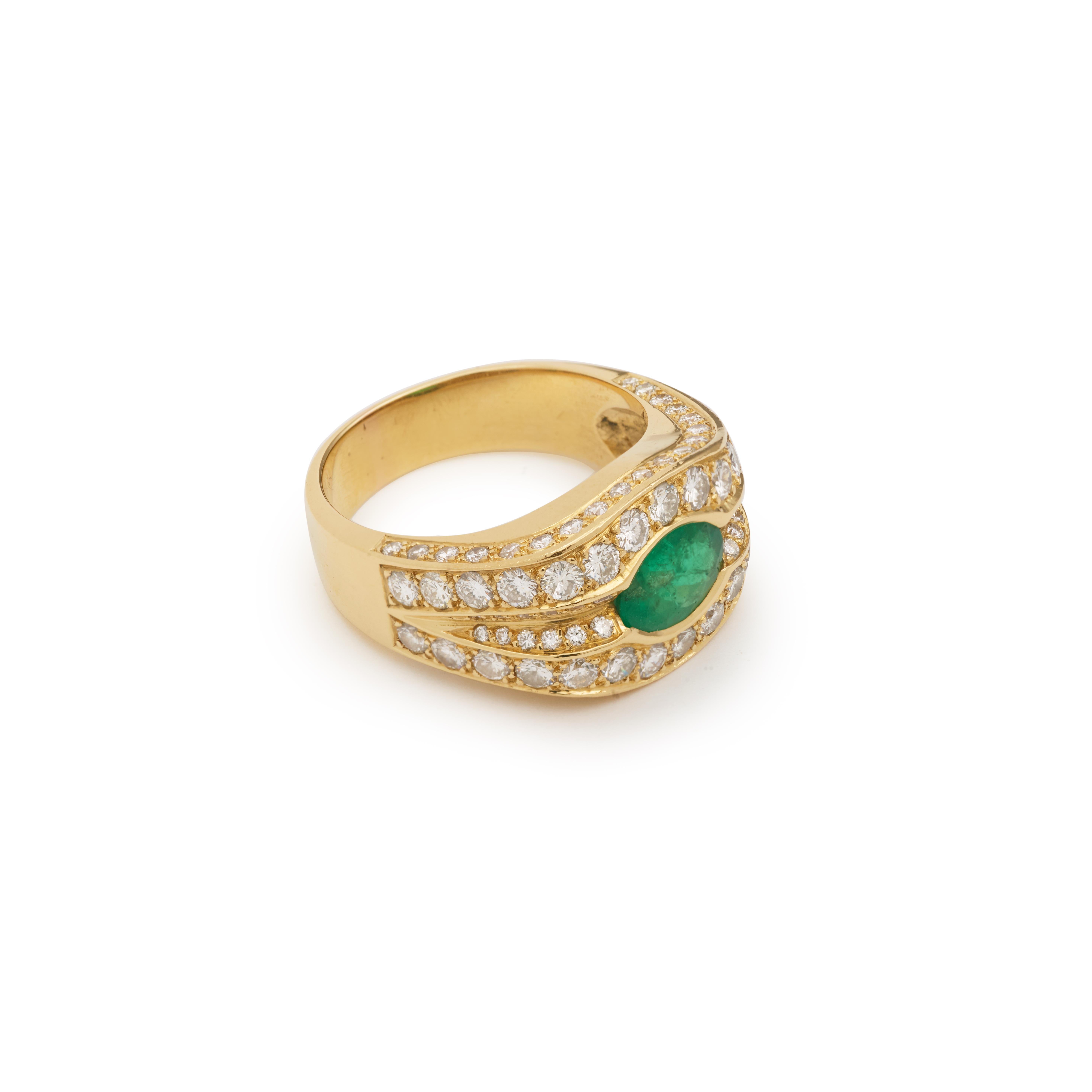 Splendid yellow gold ring set with modern cut diamonds enhancing a very beautiful oval cut emerald.

Weight of the emerald: 0.50 carats

Total diamond weight: 2.50 carats

Dimensions: 1.70 x 1.33 x 0.58 cm (0.67 x 0.51 x 0.20 inch)

Finger size: 61