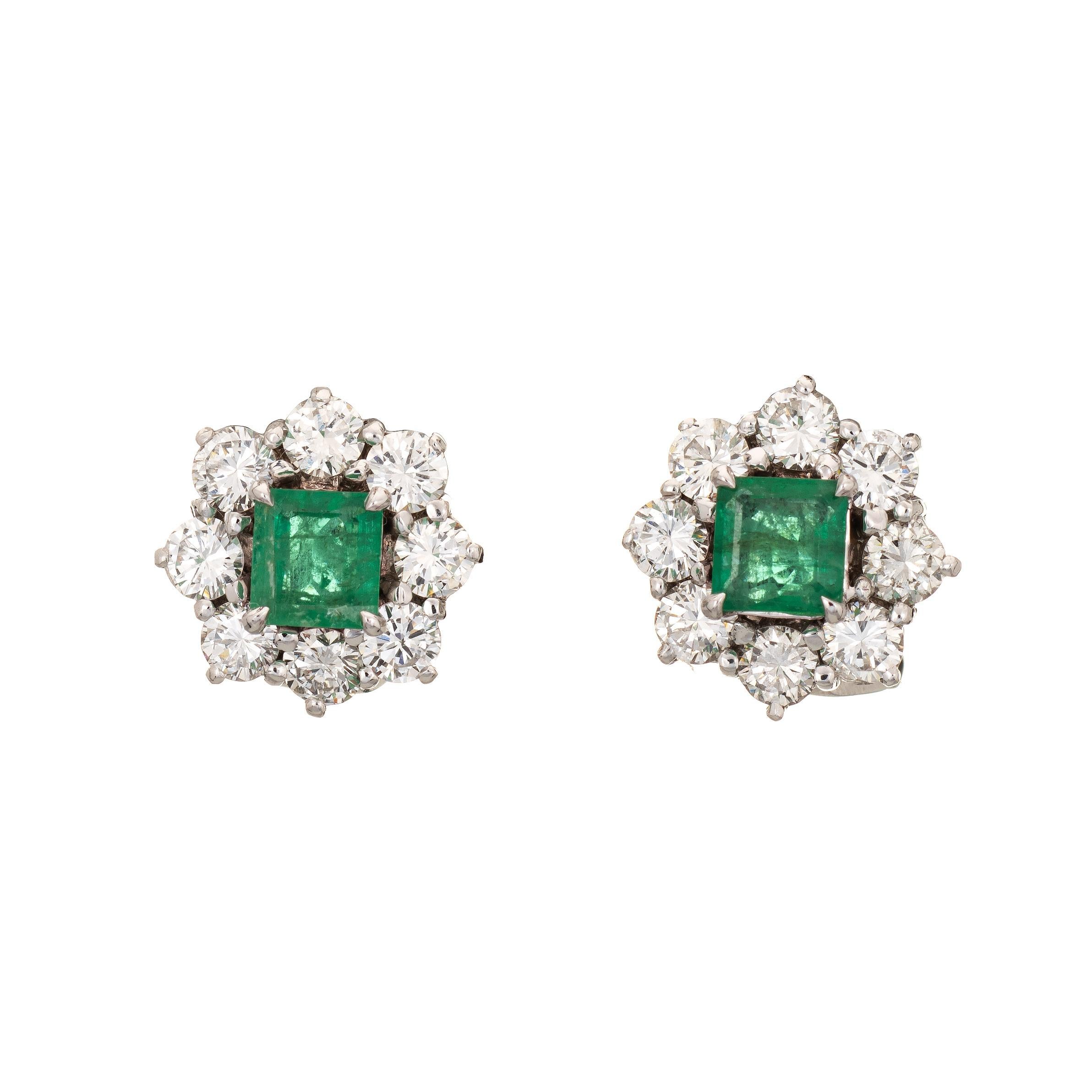 Emerald Cut Emerald 2.50ct Diamond Cluster Earrings Vintage 18k White Gold Estate Jewelry
