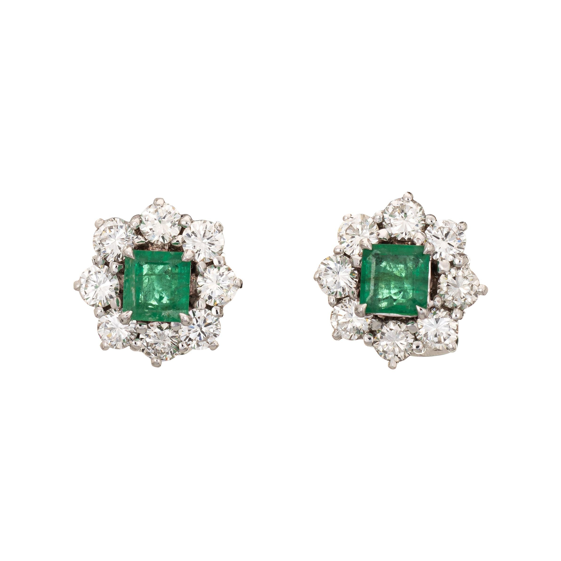 Emerald 2.50ct Diamond Cluster Earrings Vintage 18k White Gold Estate Jewelry