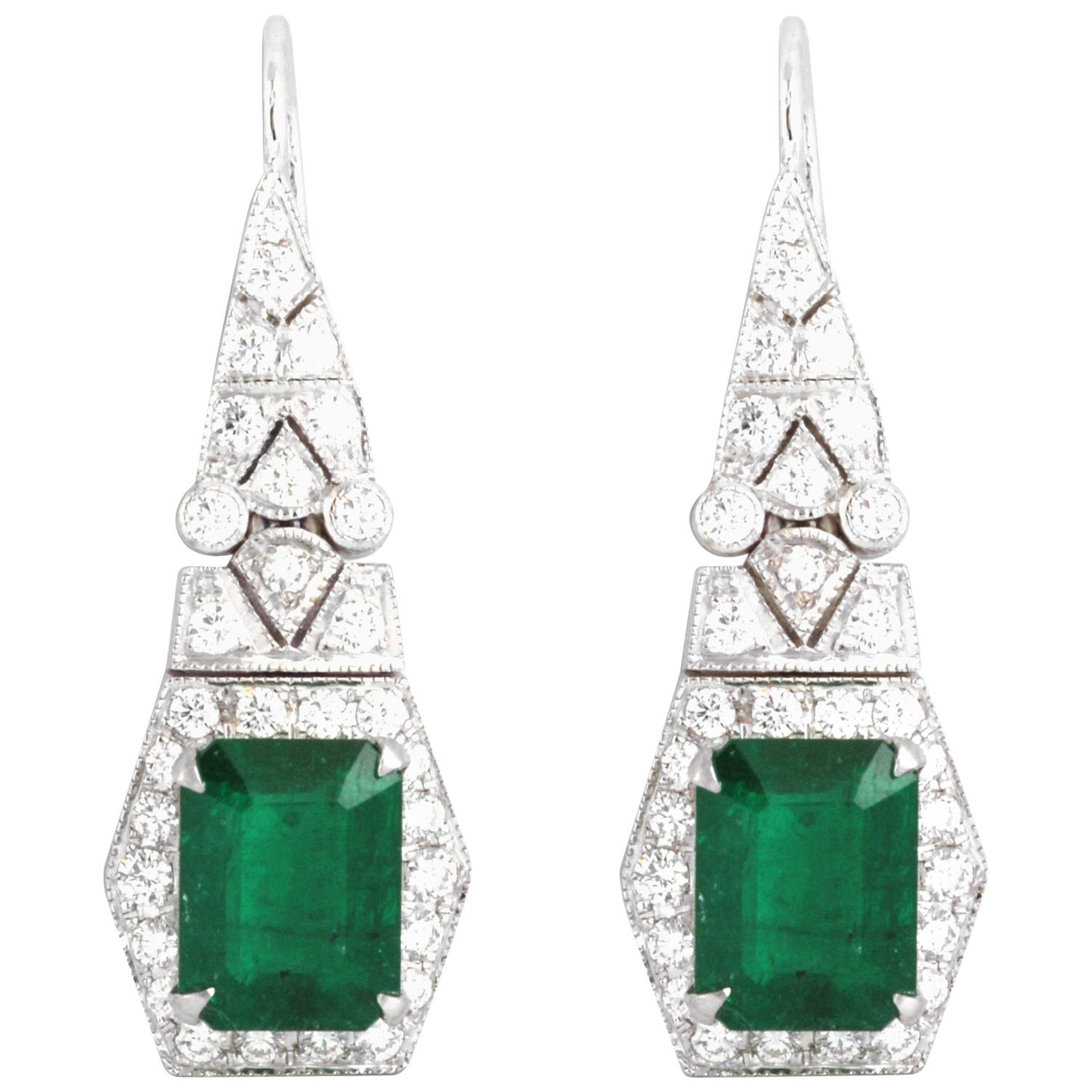 Emerald 3.42 Carat with Diamond 0.88 Carat Earrings Set in 18 Karat White Gold