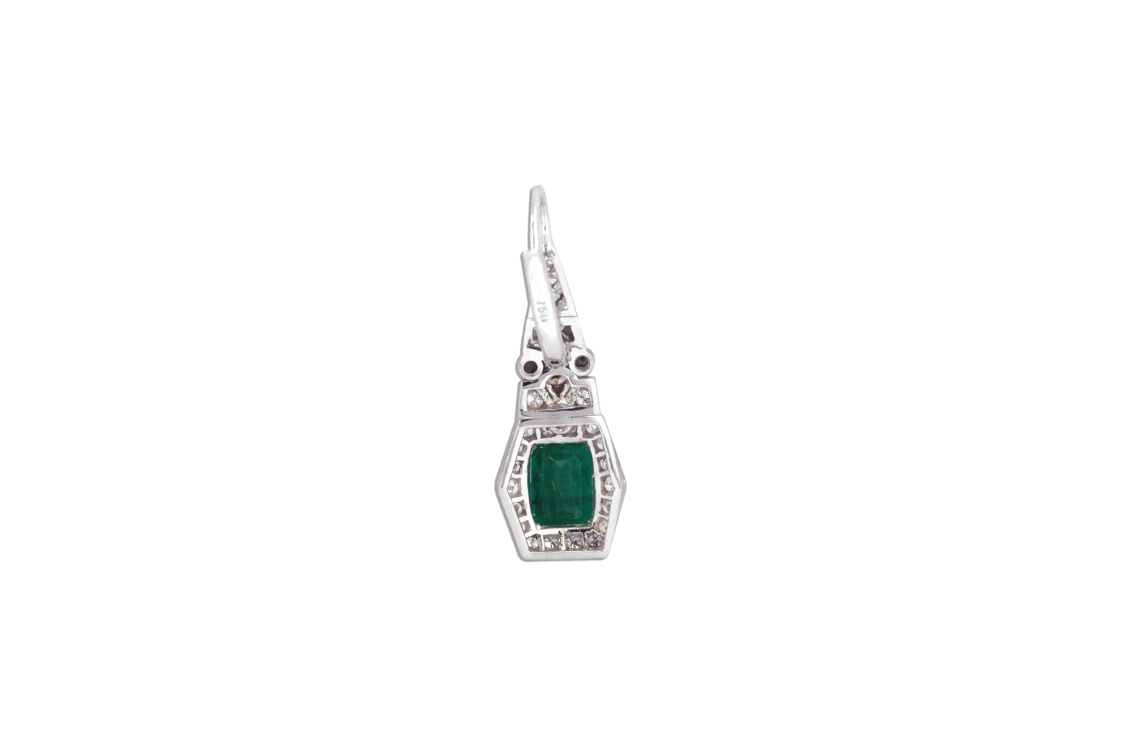 Art Deco Emerald 3.42 Carat with Diamond 0.88 Carat Earrings Set in 18 Karat White Gold