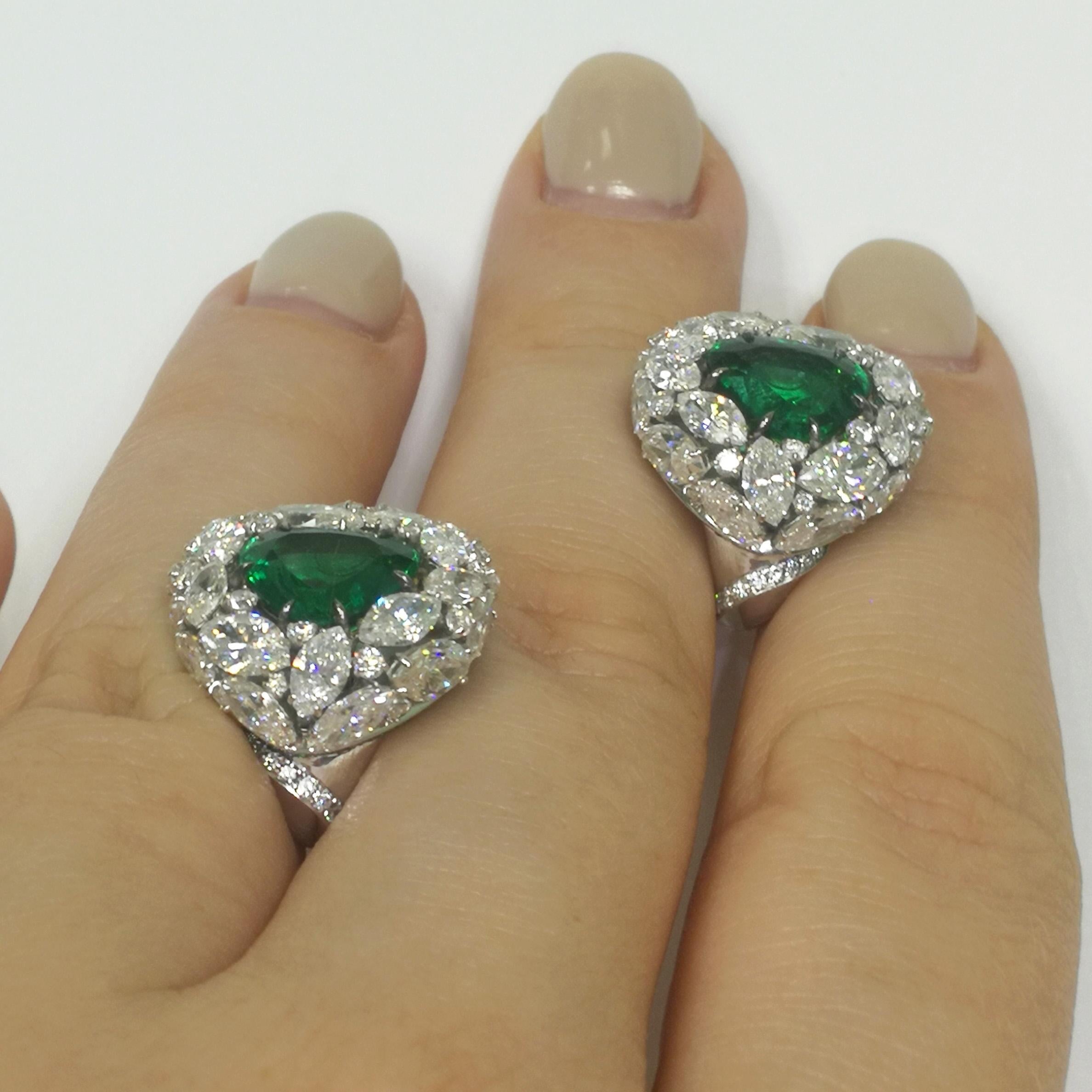 Heart Cut Emerald 4.05 Carat Diamonds Emeralds 18 Karat White Gold Earrings For Sale
