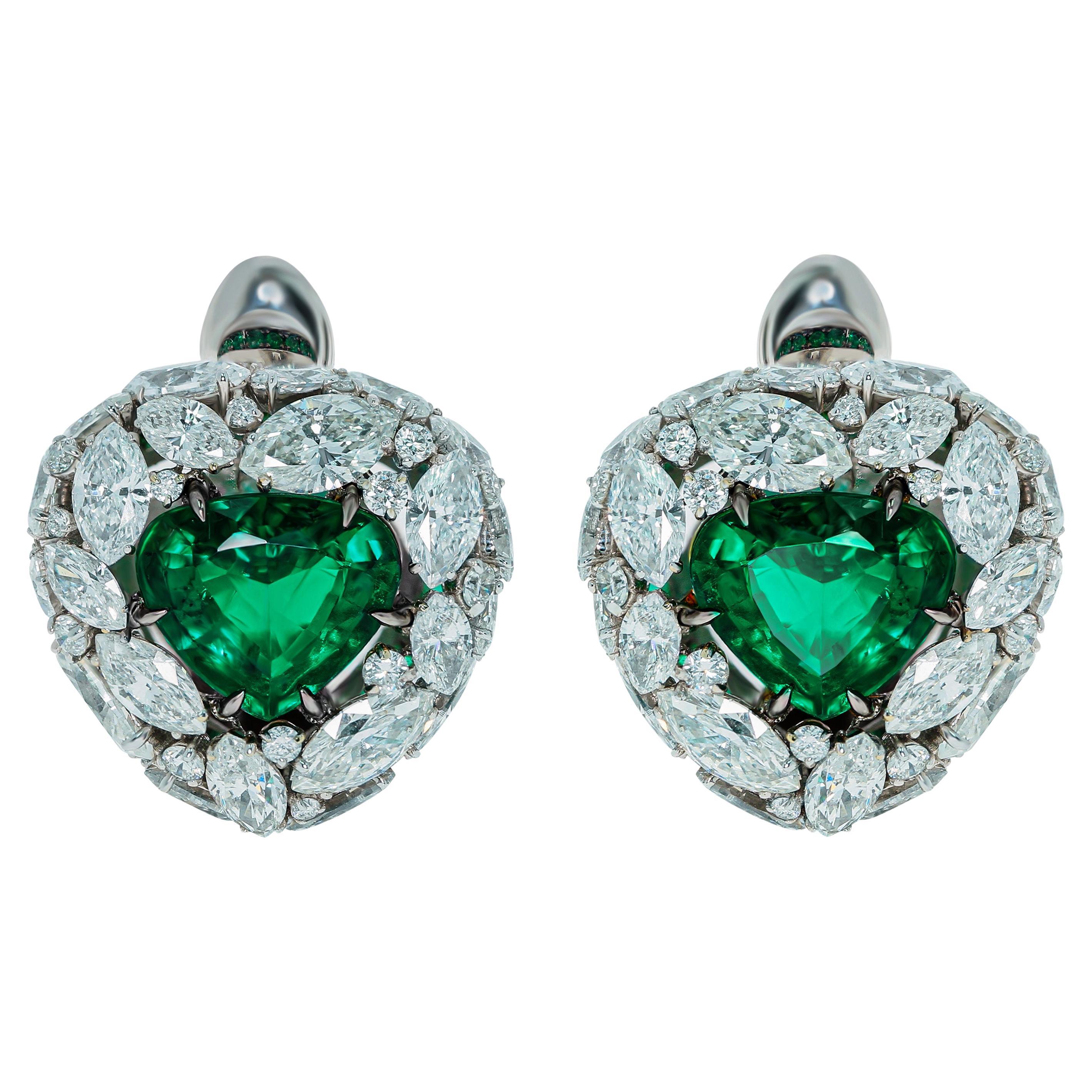Emerald 4.05 Carat Diamonds Emeralds 18 Karat White Gold Earrings For Sale