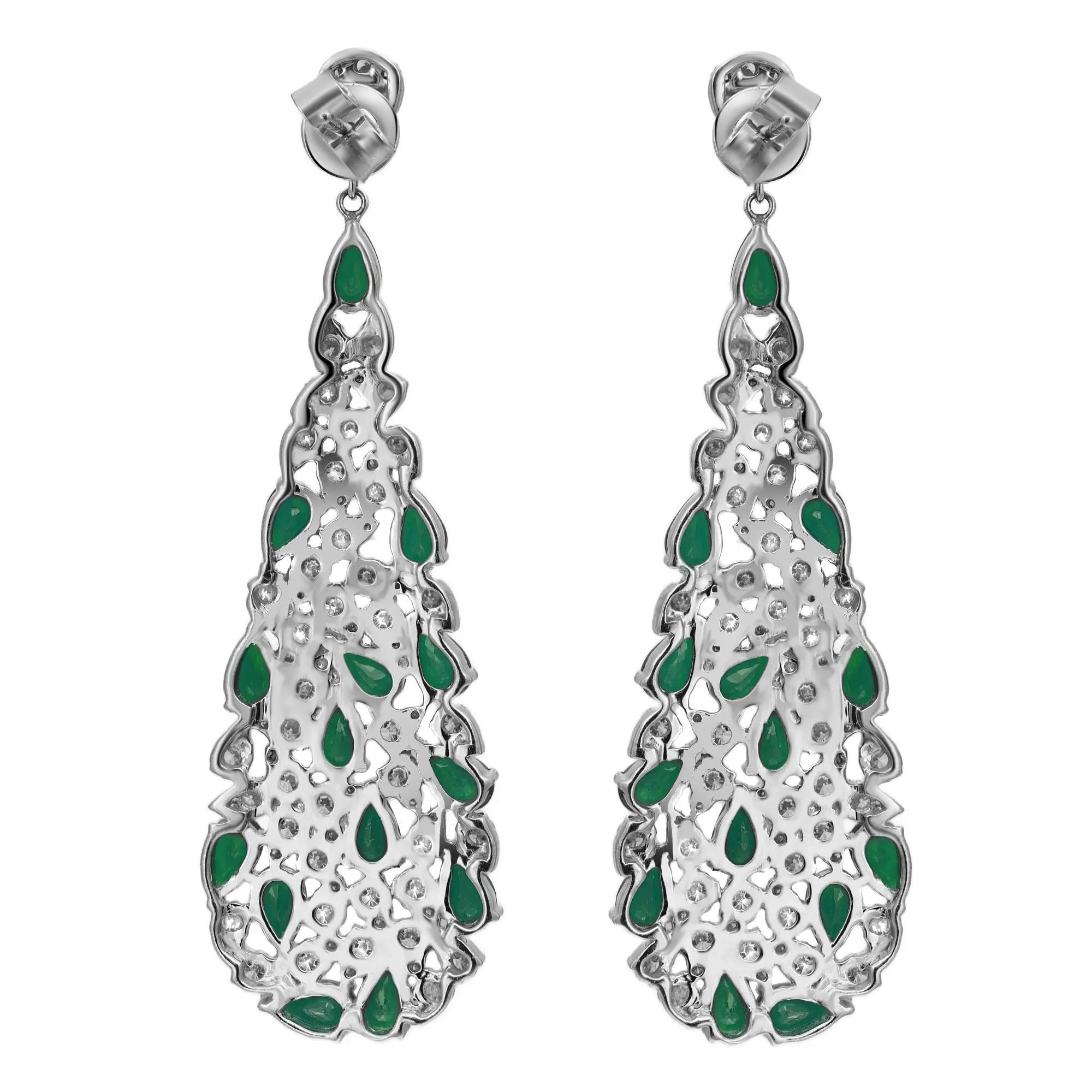 Modern Emerald 5.22Cttw And Diamond 3.37Cttw Long Drop Earrings 14K White Gold For Sale