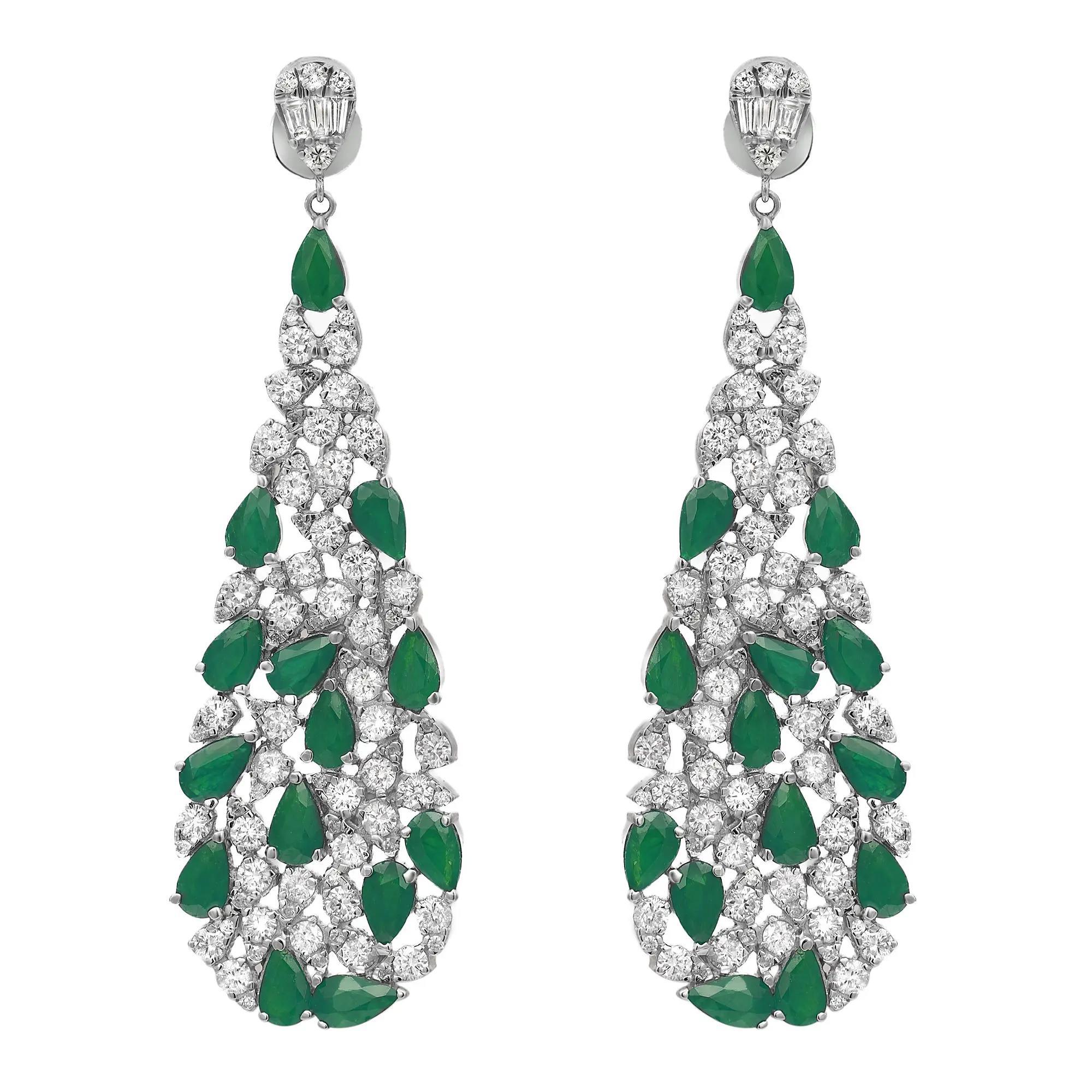 Emerald 5.22Cttw And Diamond 3.37Cttw Long Drop Earrings 14K White Gold