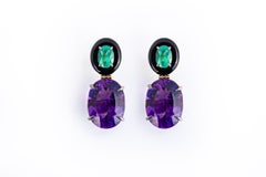Emerald, Amethyst And Black Agate Drop Earrings / 18k Yellow Gold