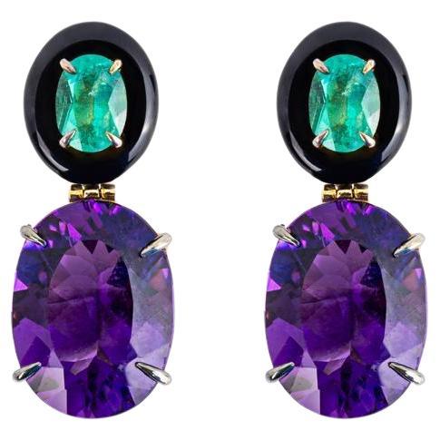 Emerald, Amethyst And Black Agate Drop Earrings / 18k Yellow Gold
