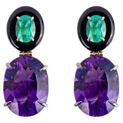 Emerald, Amethyst And Black Agate Drop Earrings / 18k Yellow Gold