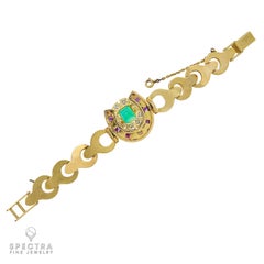 Emerald Amethyst Diamond French Vintage Link Bracelet in 18k Yellow Gold