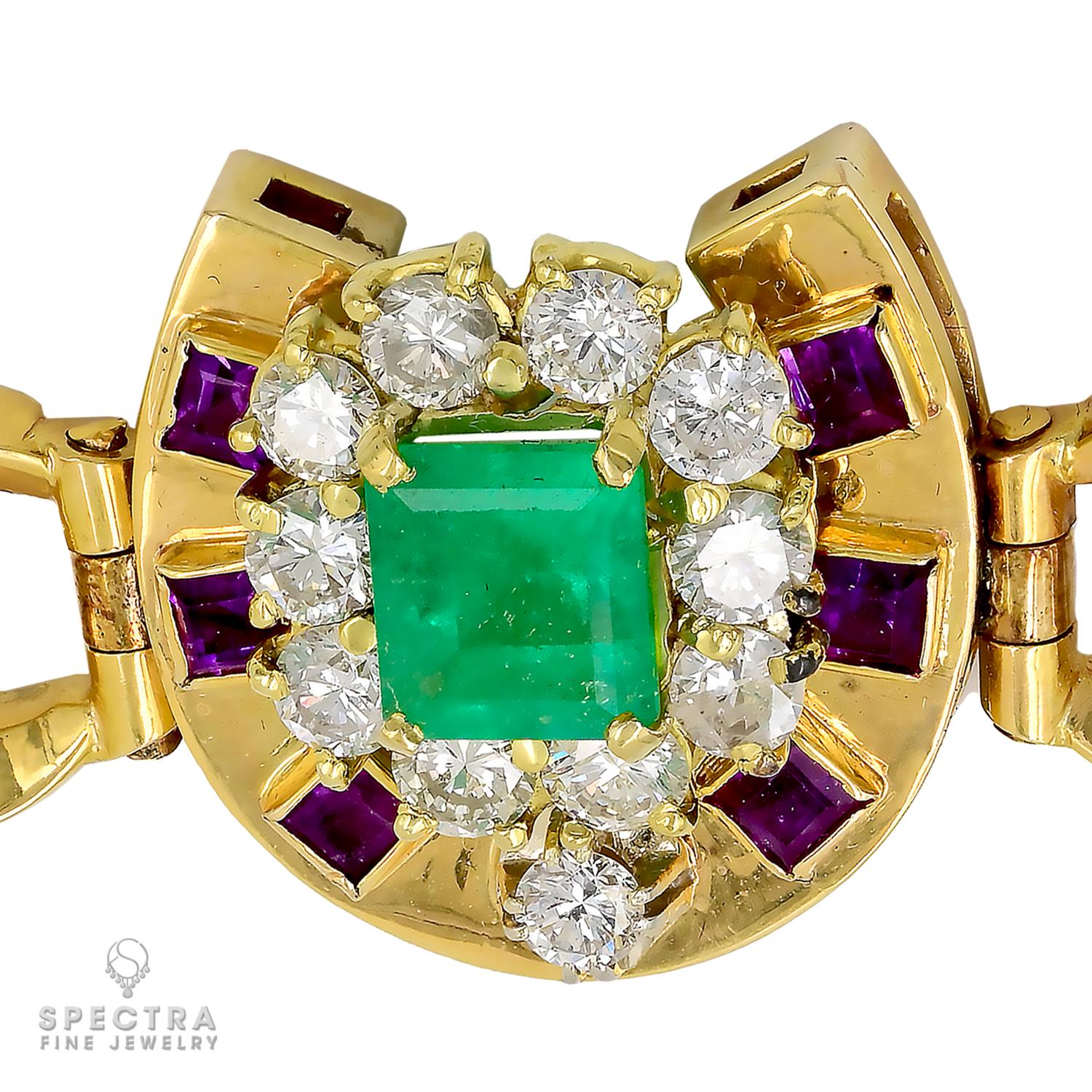 Mixed Cut Emerald Amethyst Diamond French Vintage Link Bracelet in 18k Yellow Gold For Sale
