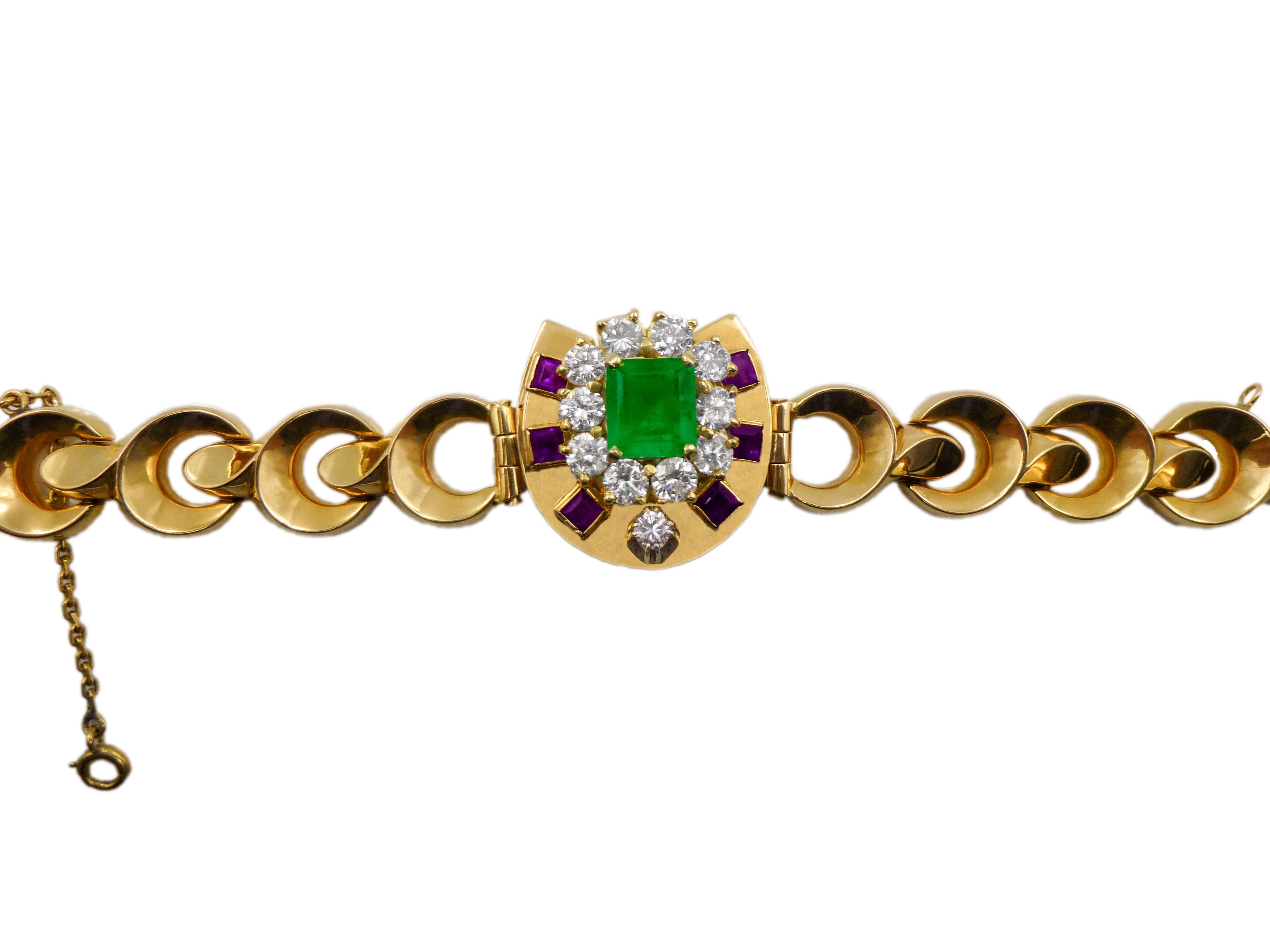 Bracelet à maillons vintage français en or jaune 18 carats avec émeraude, améthyste et diamants Bon état - En vente à New York, NY