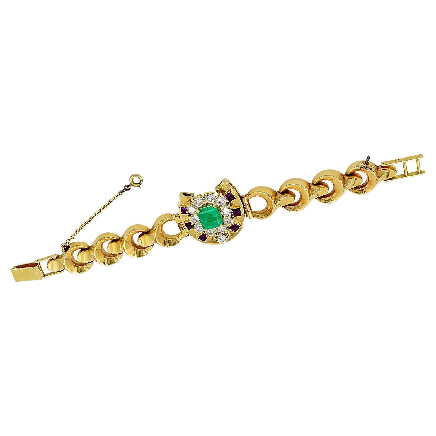 Bracelet à maillons vintage français en or jaune 18 carats avec émeraude, améthyste et diamants en vente
