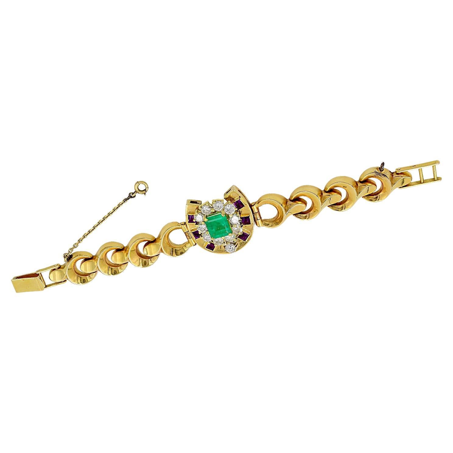 Bracelet à maillons vintage français en or jaune 18 carats avec émeraude, améthyste et diamants