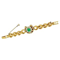 Emerald Amethyst Diamond French Used Link Bracelet in 18k Yellow Gold