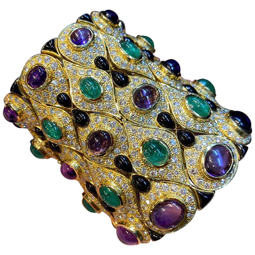 Emerald, Amethyst, Onyx and Diamond Cuff Bracelet