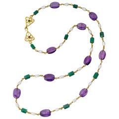 Emerald Amethyst Pearls and Chrome Tourmaline yellow gold 22 Karat Gold Necklace