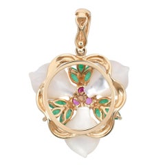 Emerald Amethyst Ruby Diamond MOP Floral Pendant 14K Yellow Gold