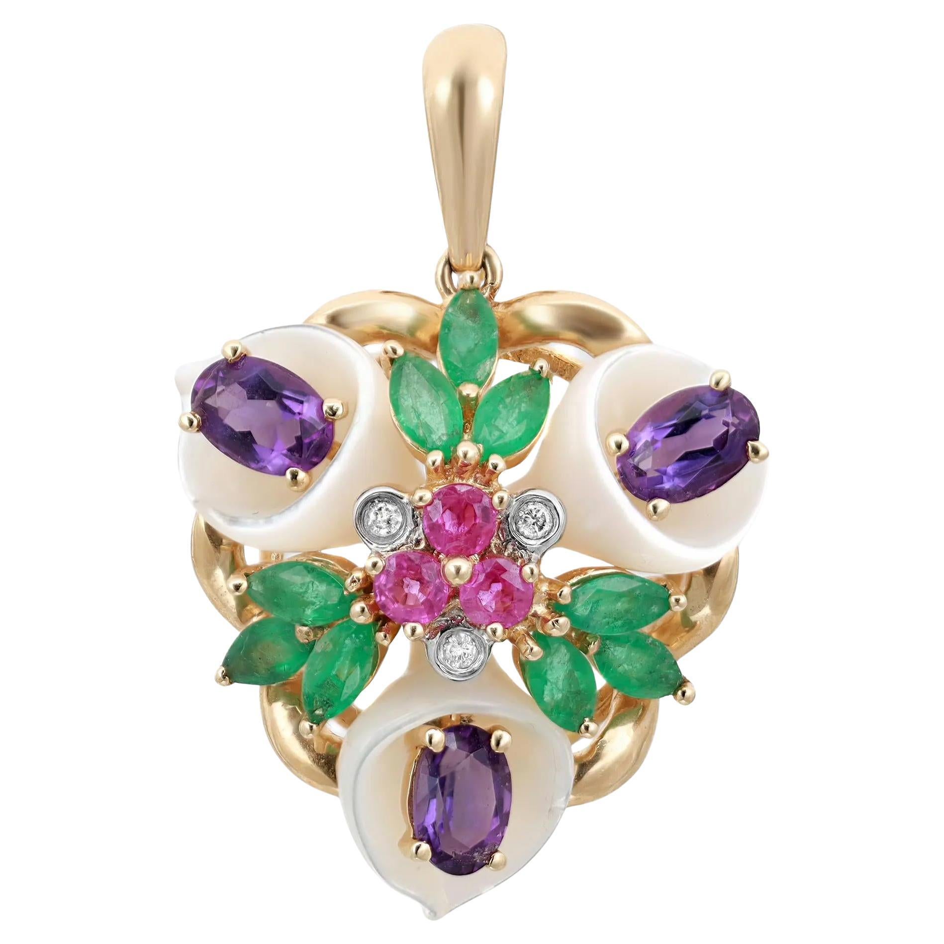 Emerald Amethyst Ruby Diamond MOP Floral Pendant 14K Yellow Gold