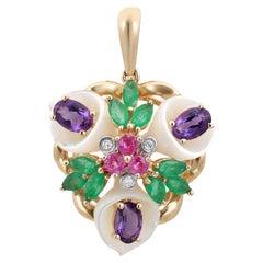 Emerald Amethyst Ruby Diamond MOP Floral Pendant 14K Yellow Gold