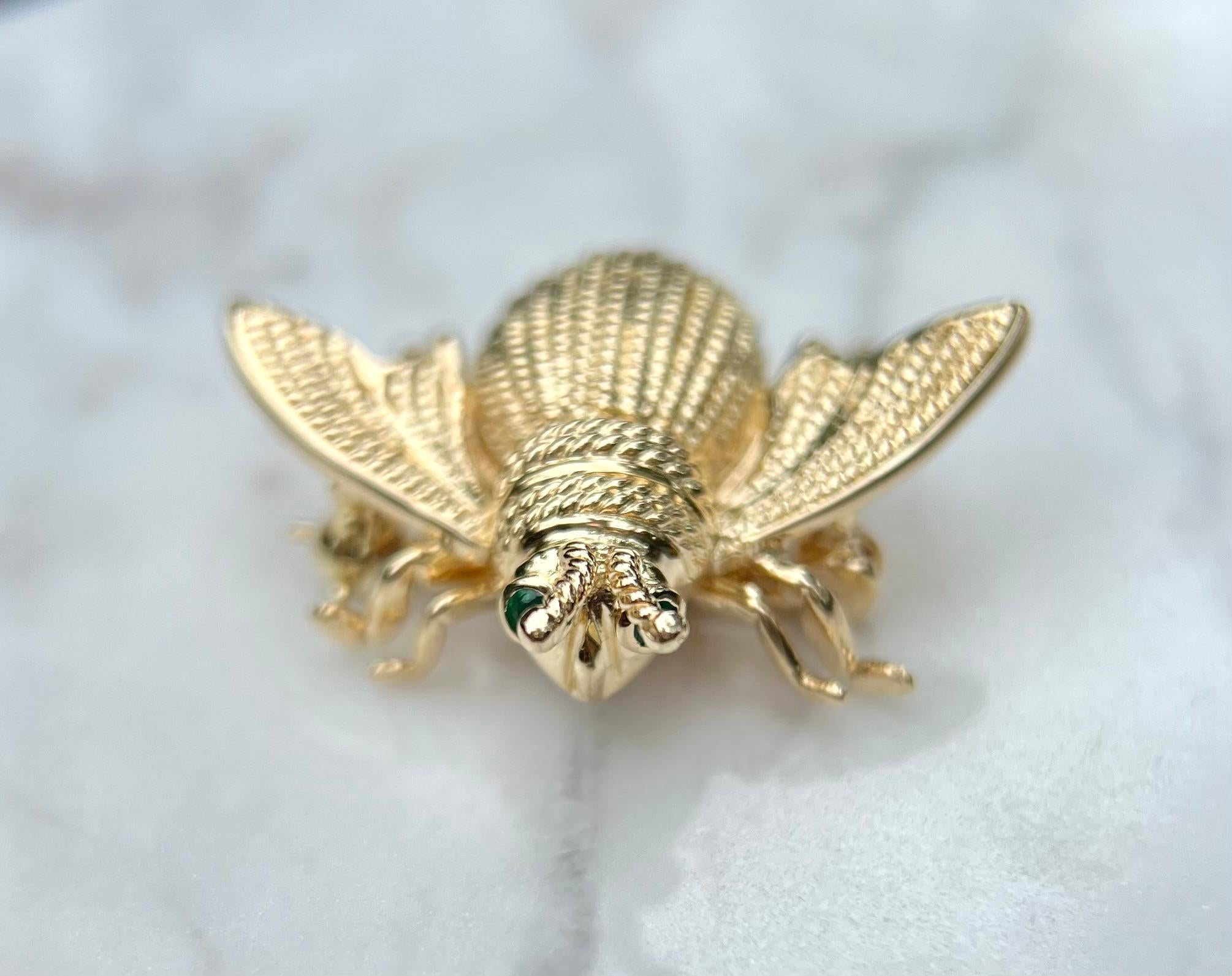 Emerald and 14 Karat Gold Fly Design Pin. 1970s. 2