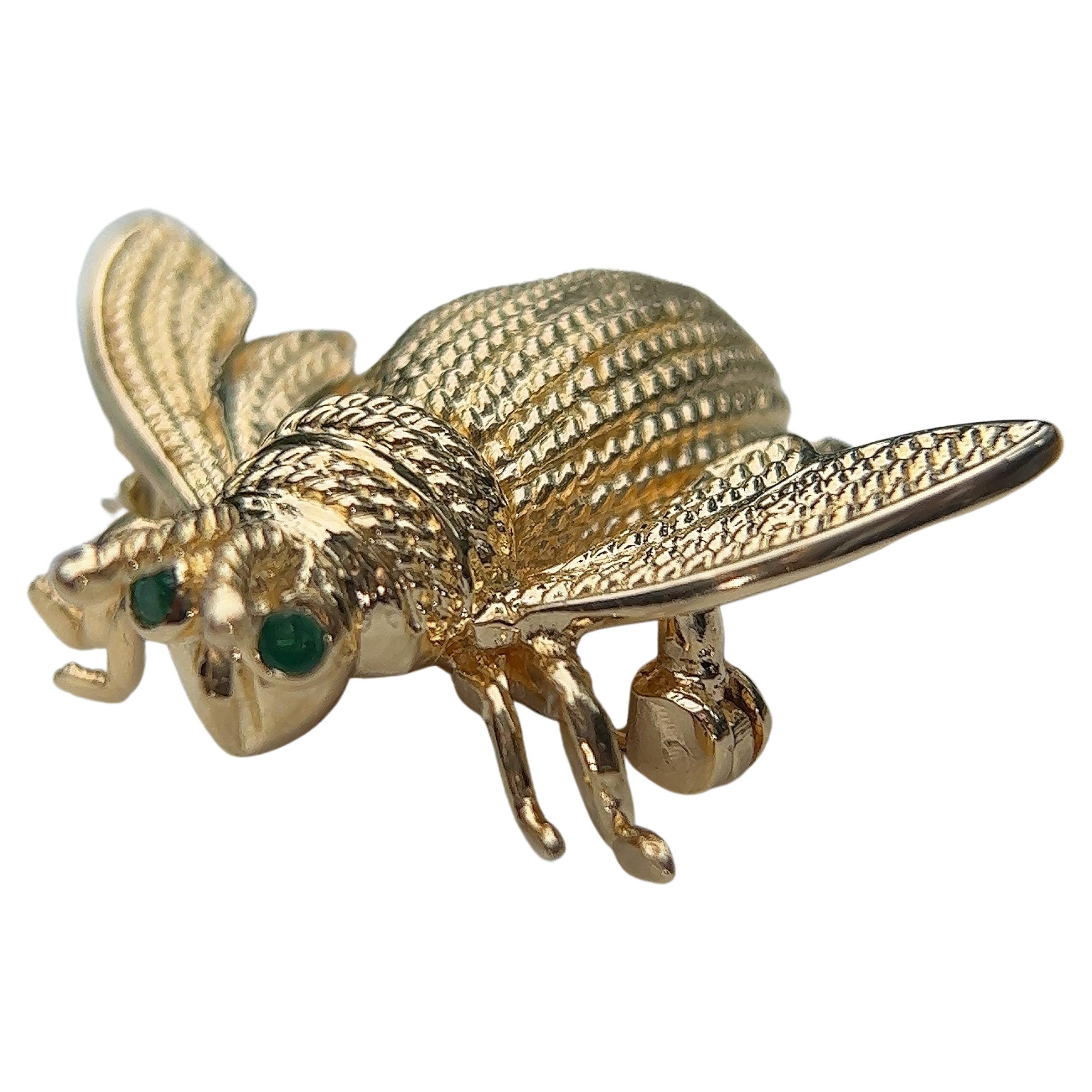 Emerald and 14 Karat Gold Fly Design Pin. 1970s.