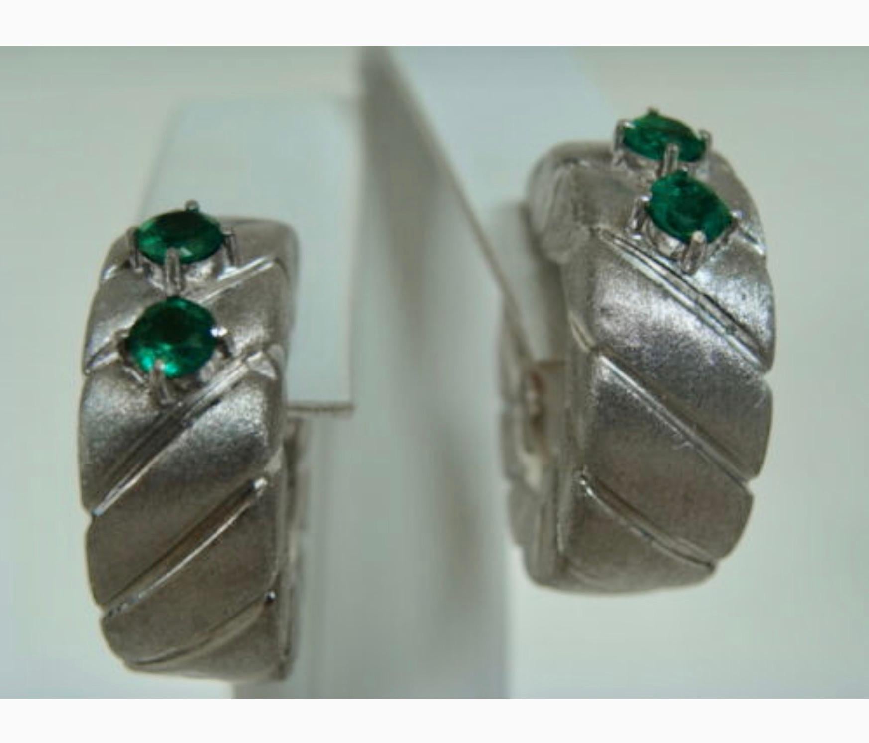 Women's Emerald and 18 Karat White Gold Hoop Earrings For Sale