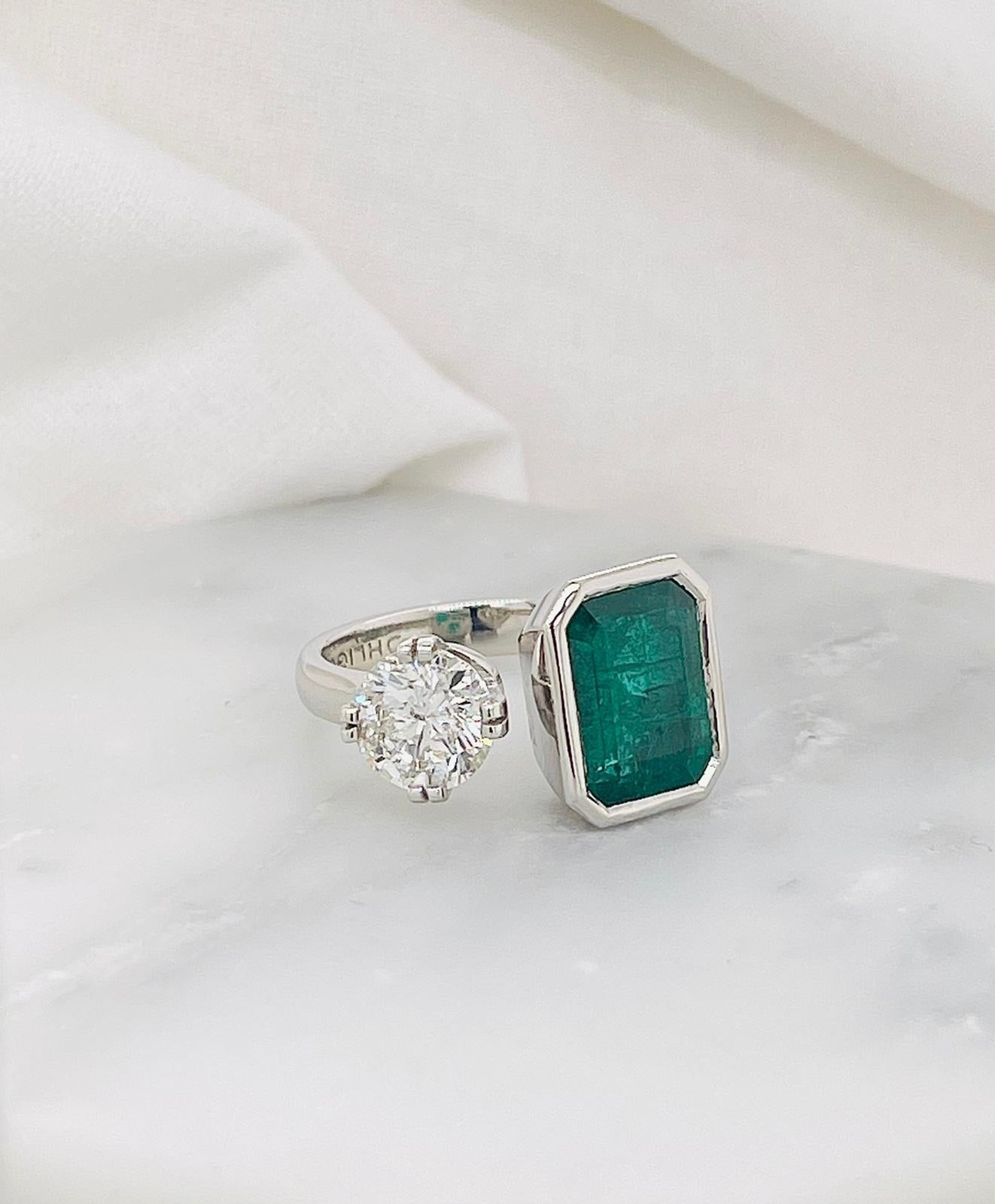 Emerald and 1ct White Diamond Toi E Moi Style Ring in Platinum or Gold 1