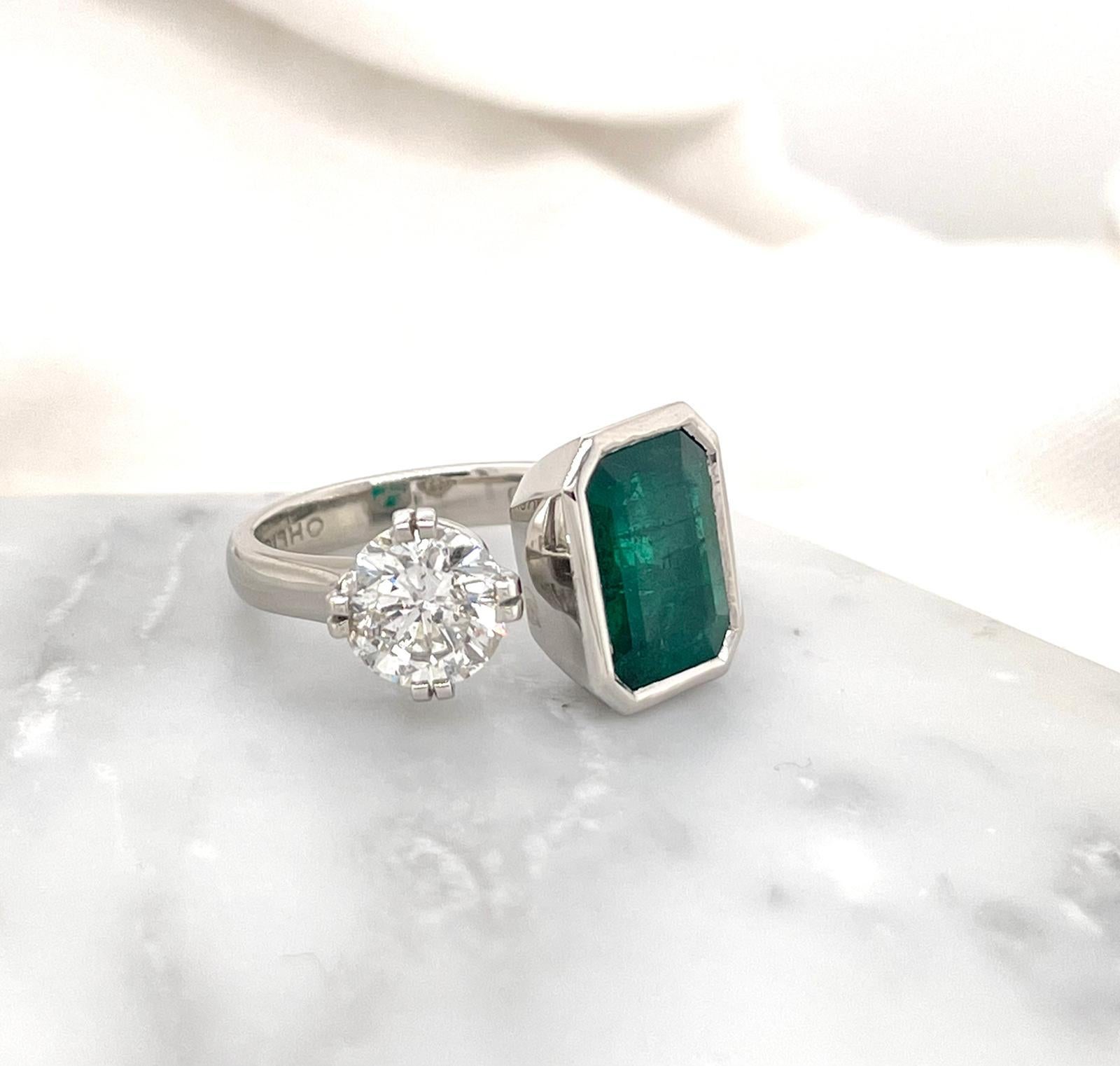 Emerald and 1ct White Diamond Toi E Moi Style Ring in Platinum or Gold 3