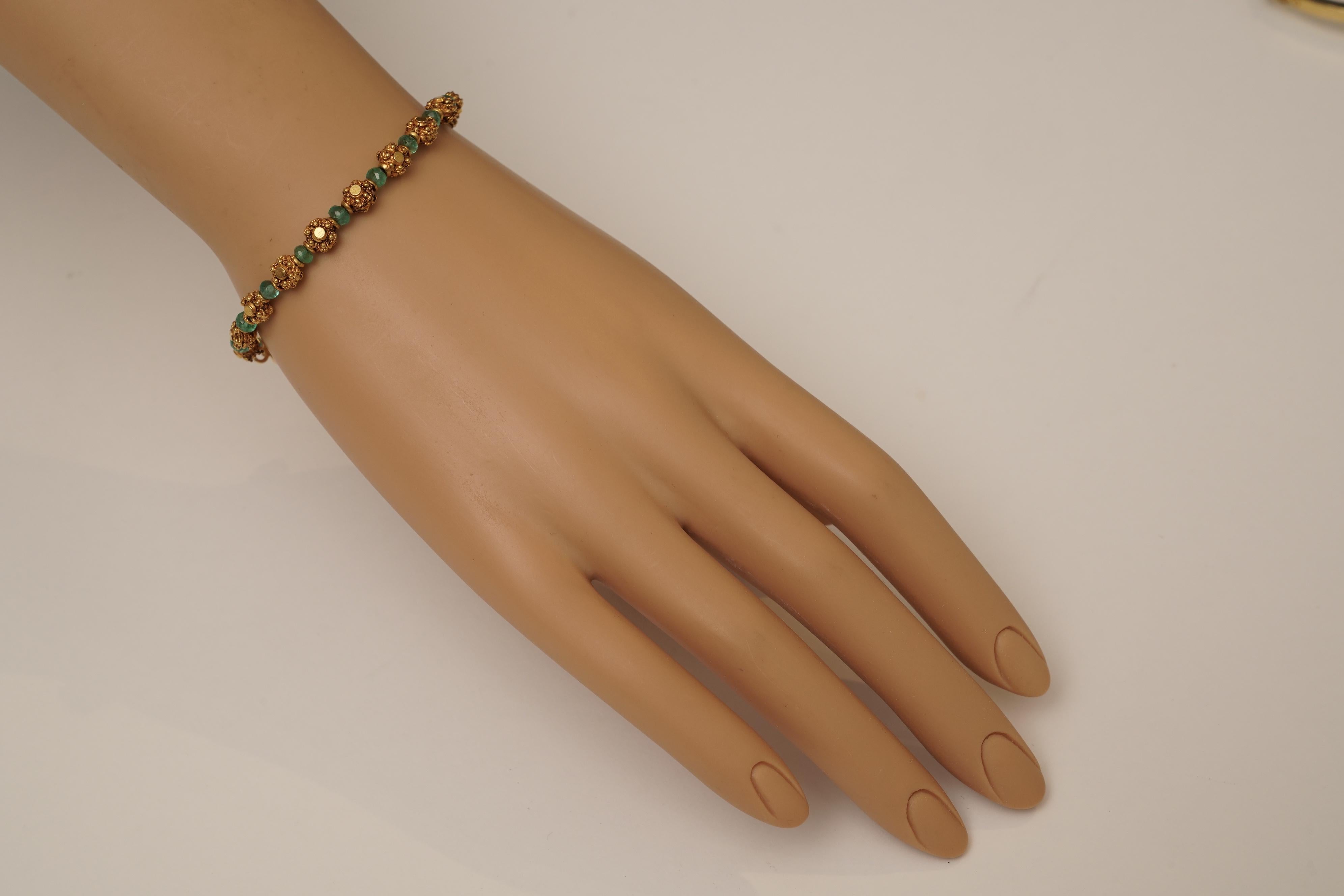 Women's or Men's Emerald and 22 Karat Gold Beaded Bracelet by Deborah Lockhart Phillips For Sale